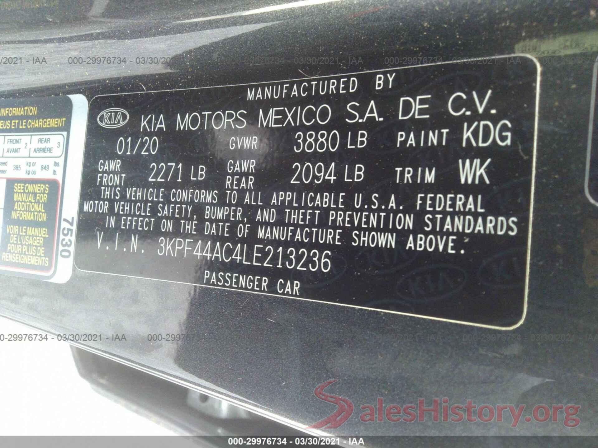 3KPF44AC4LE213236 2020 KIA FORTE