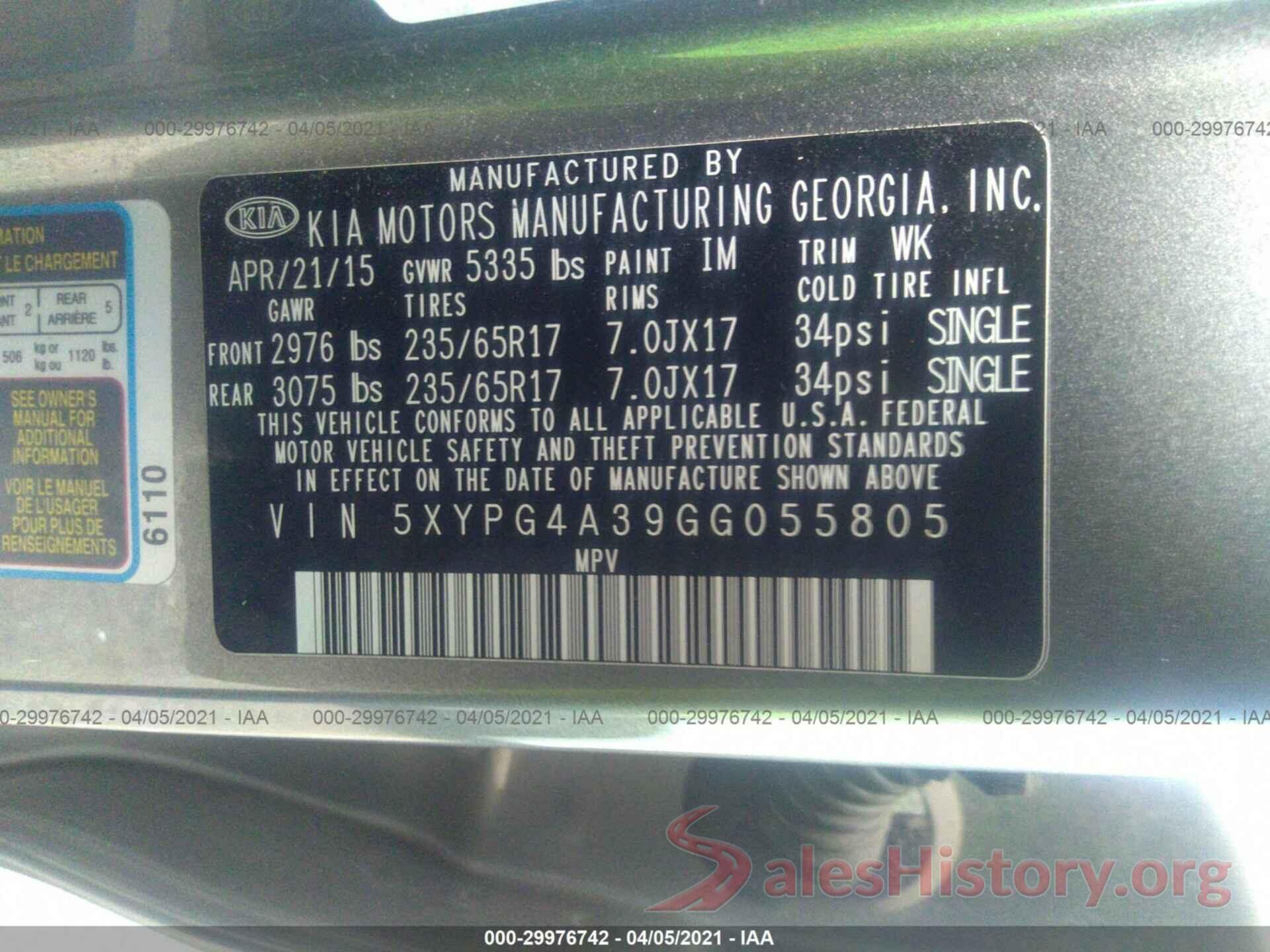 5XYPG4A39GG055805 2016 KIA SORENTO