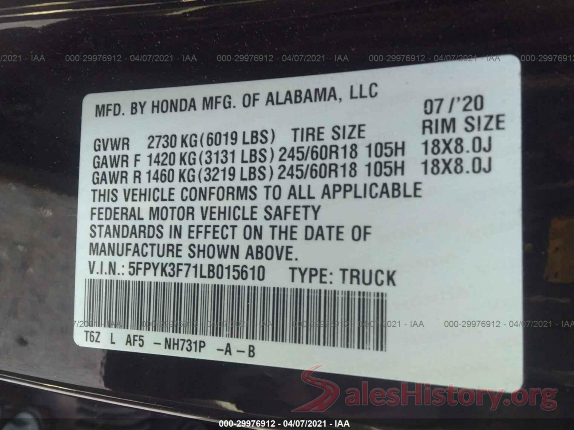 5FPYK3F71LB015610 2020 HONDA RIDGELINE