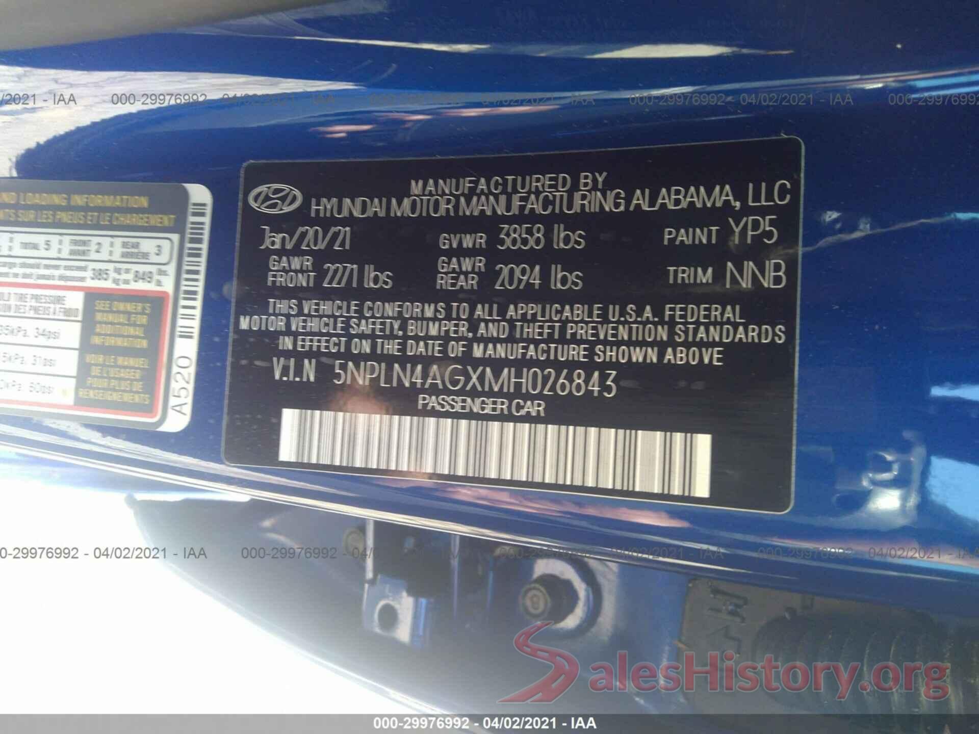 5NPLN4AGXMH026843 2021 HYUNDAI ELANTRA