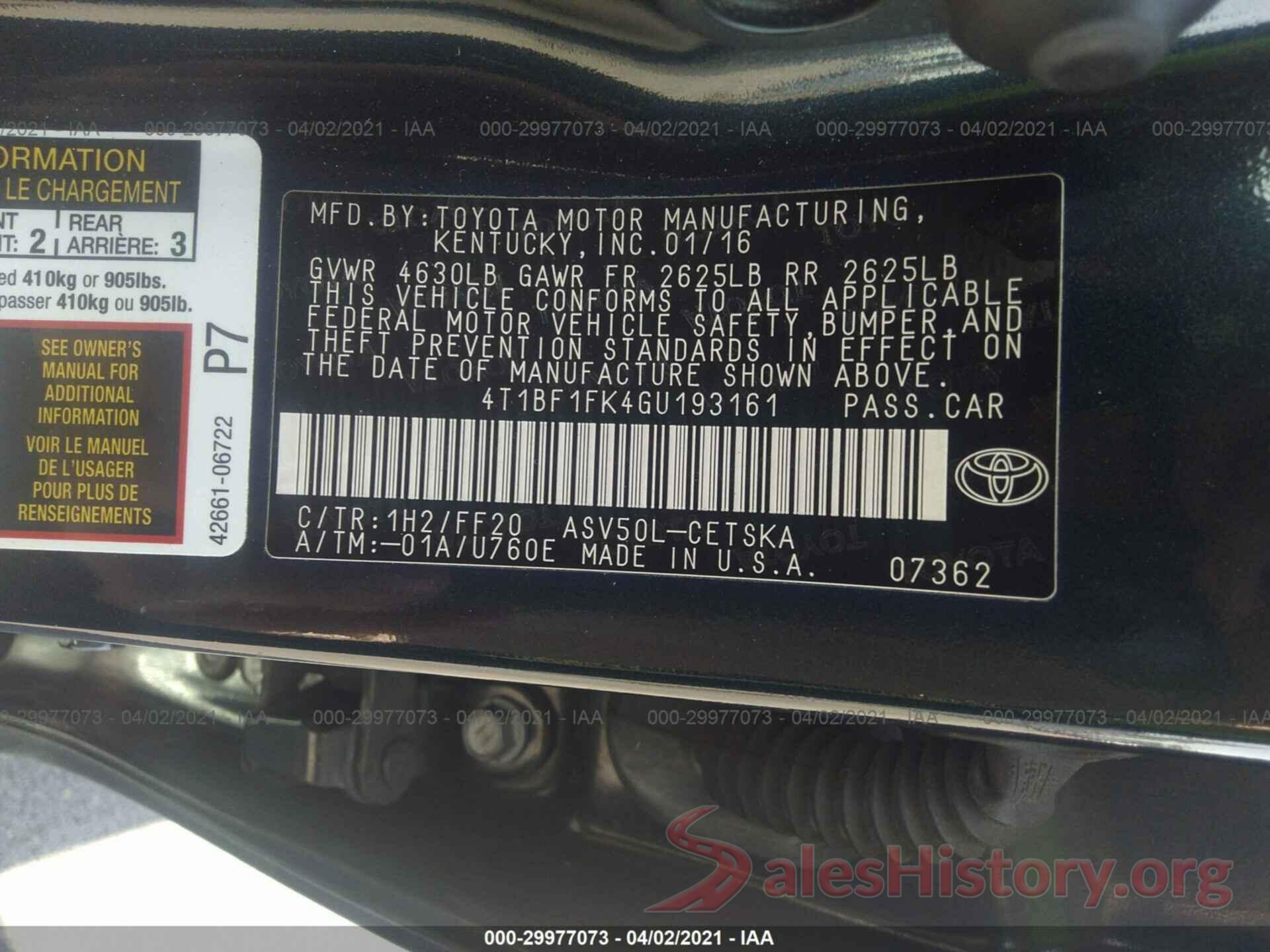 4T1BF1FK4GU193161 2016 TOYOTA CAMRY