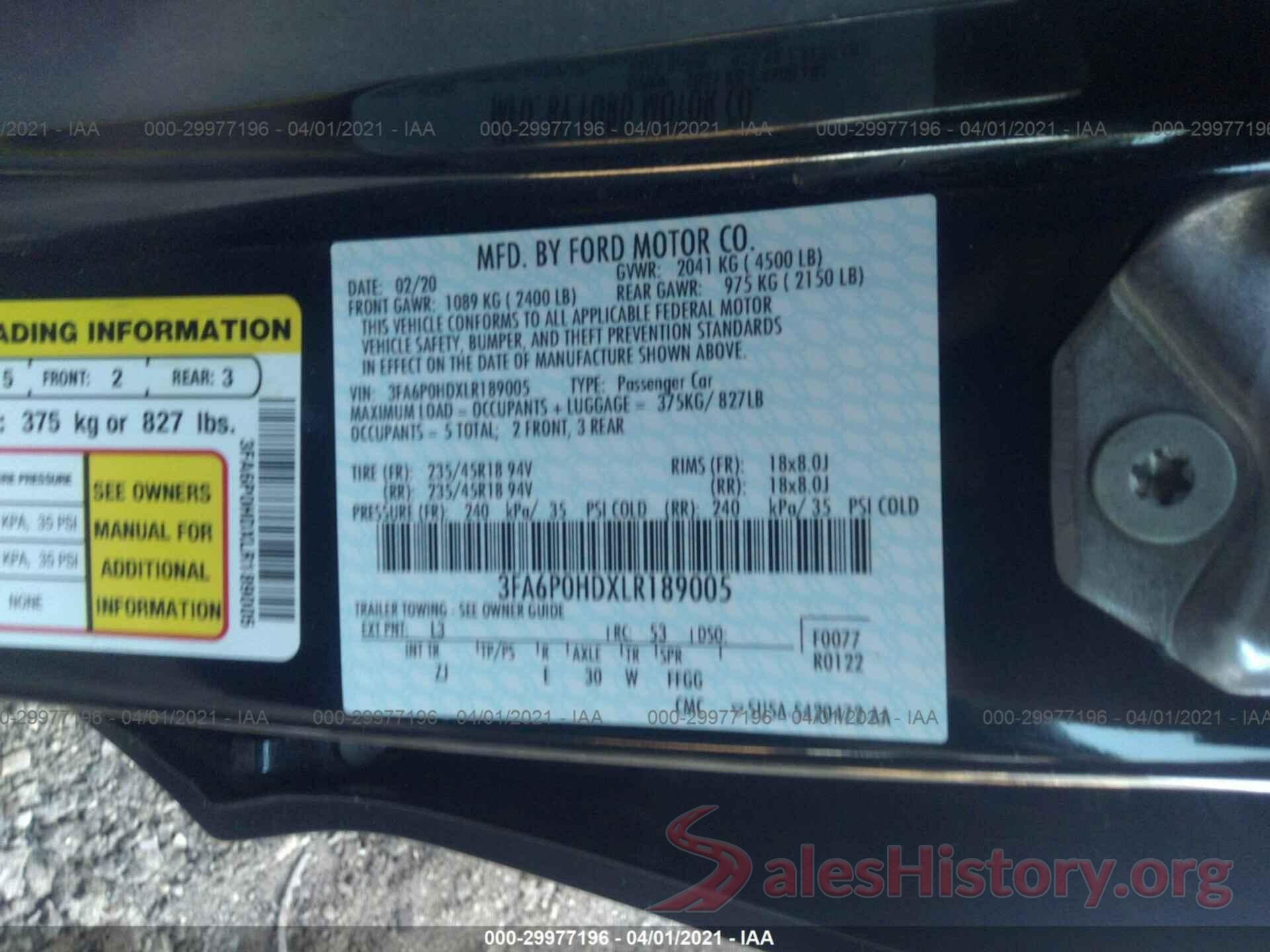 3FA6P0HDXLR189005 2020 FORD FUSION