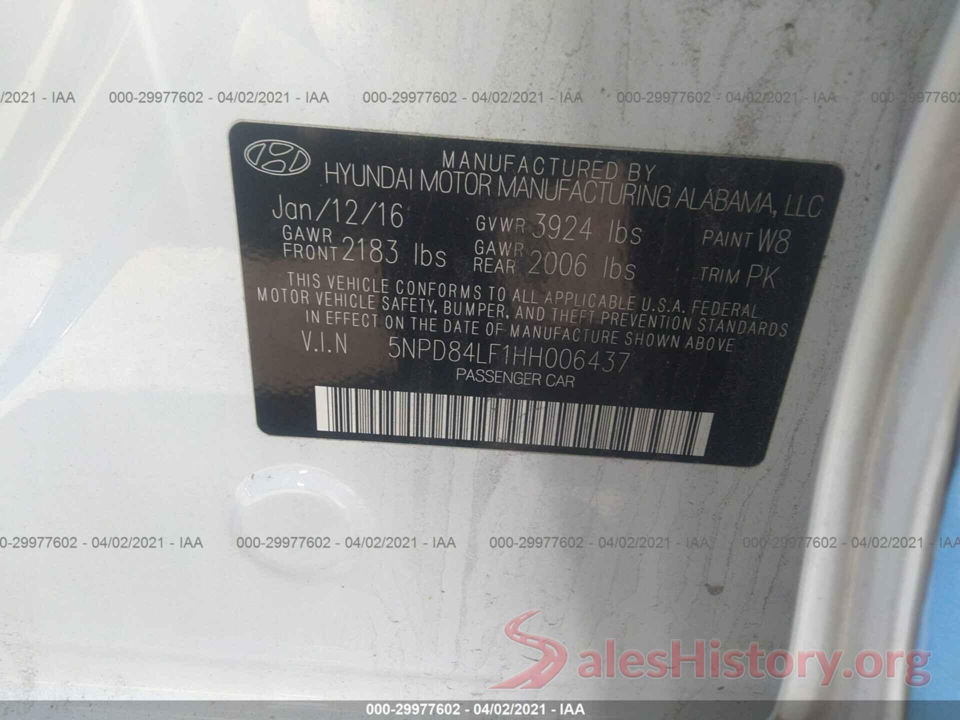 5NPD84LF1HH006437 2017 HYUNDAI ELANTRA