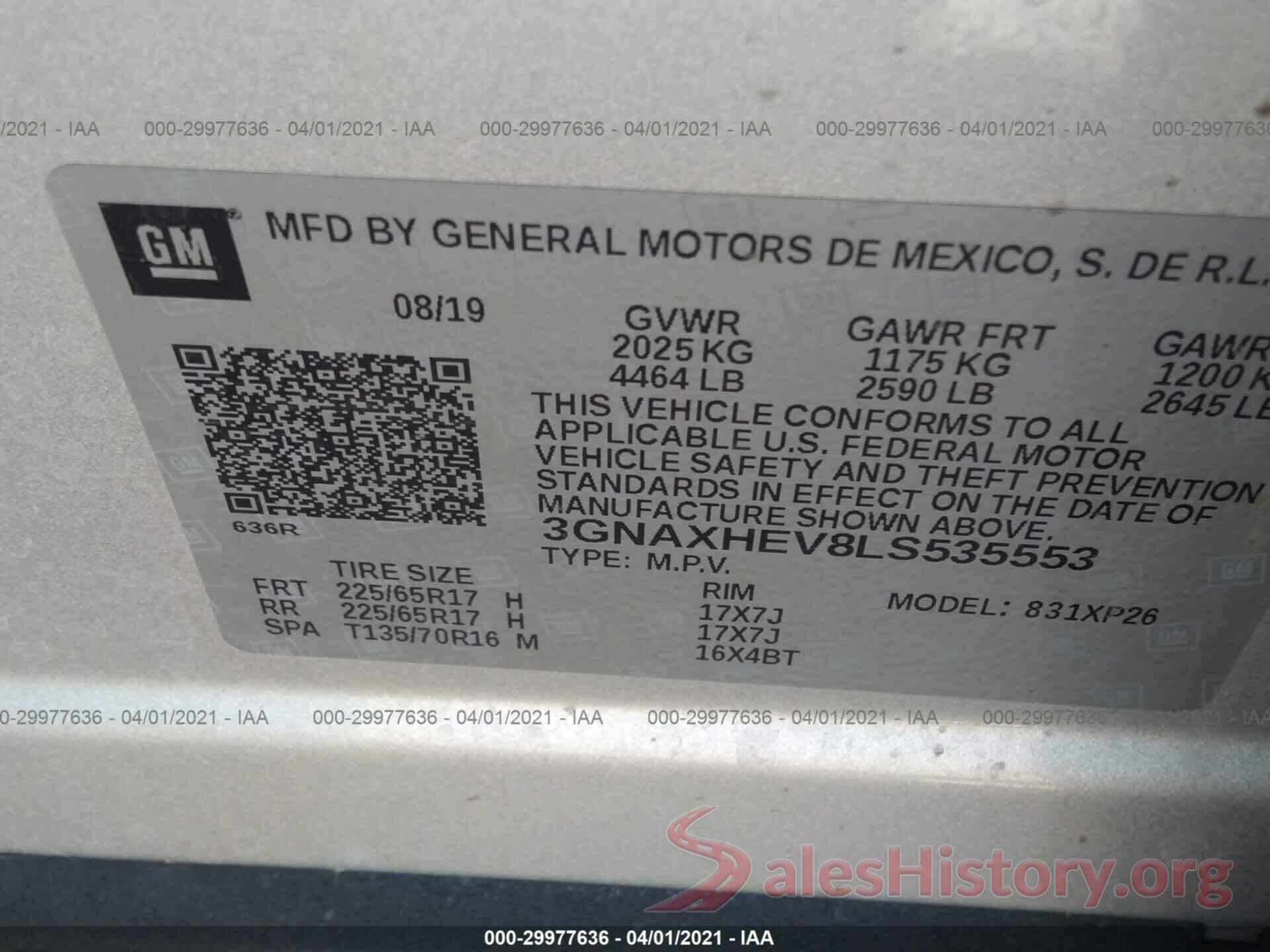 3GNAXHEV8LS535553 2020 CHEVROLET EQUINOX