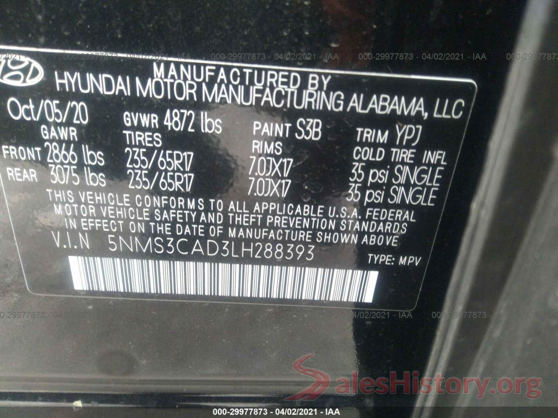 5NMS3CAD3LH288393 2020 HYUNDAI SANTA FE