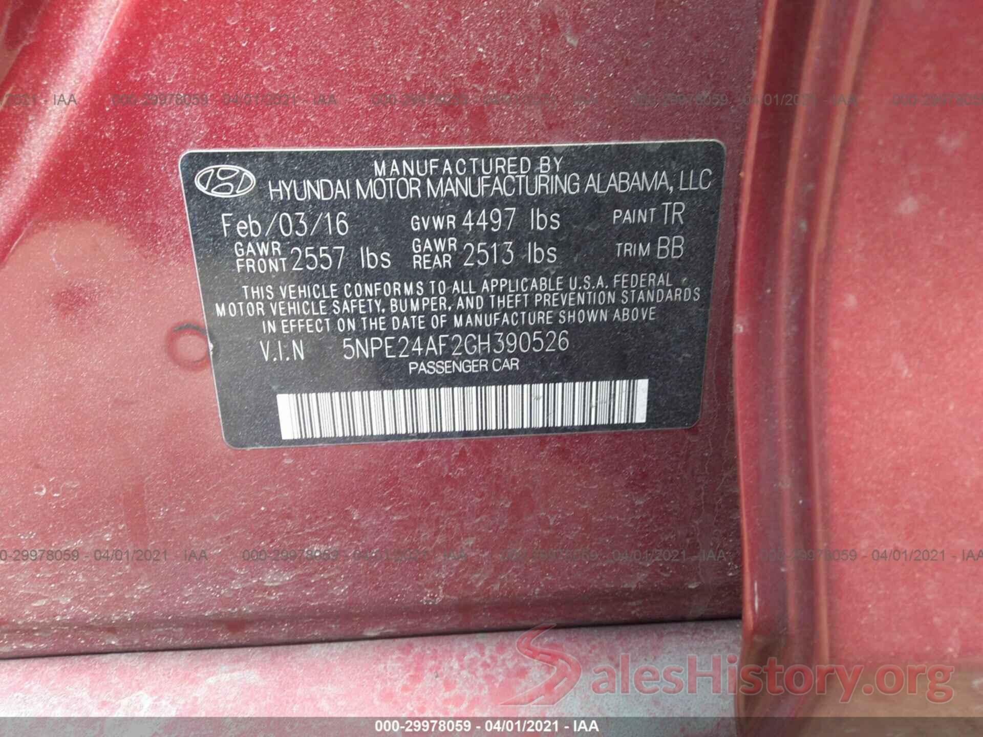 5NPE24AF2GH390526 2016 HYUNDAI SONATA