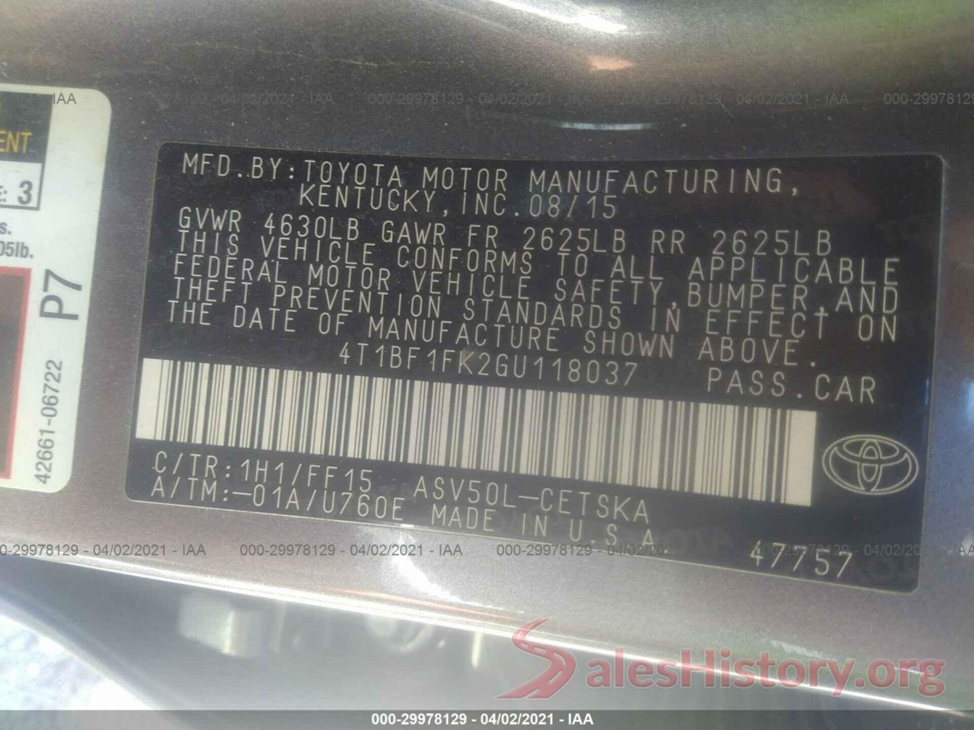 4T1BF1FK2GU118037 2016 TOYOTA CAMRY