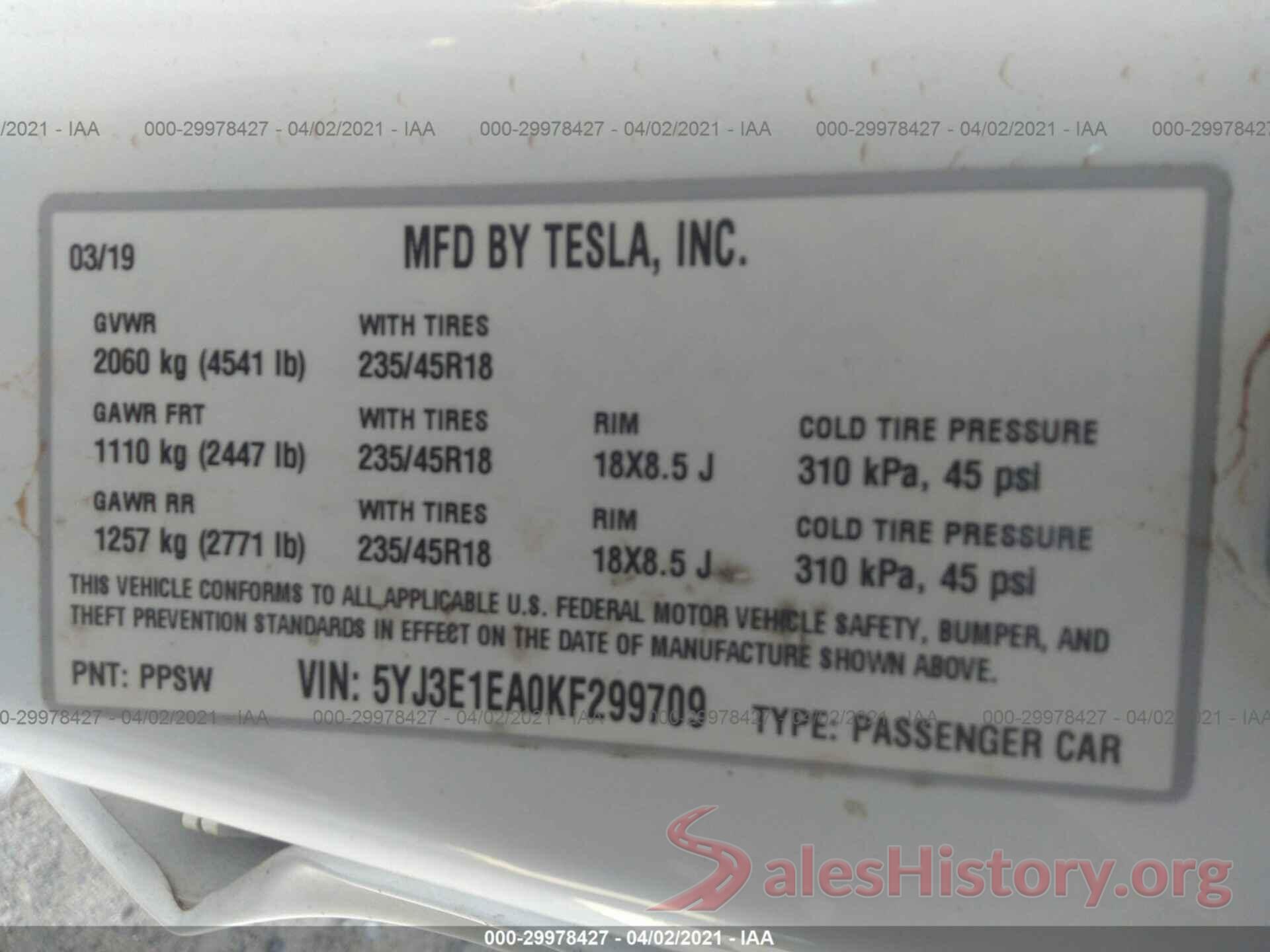 5YJ3E1EA0KF299709 2019 TESLA MODEL 3