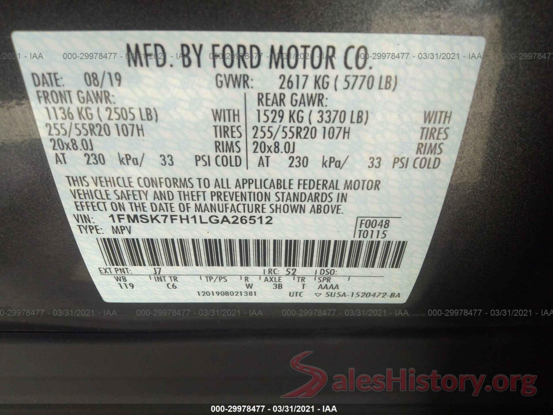 1FMSK7FH1LGA26512 2020 FORD EXPLORER