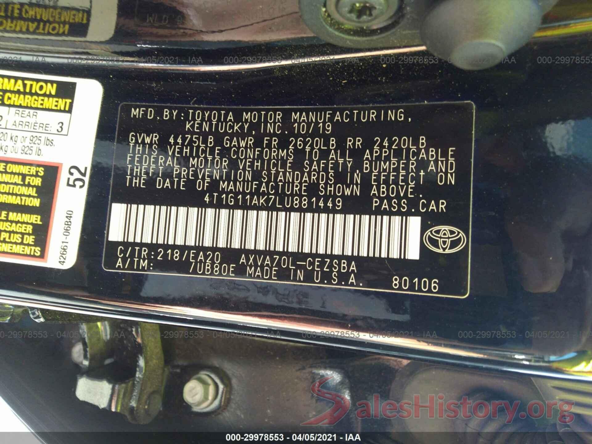 4T1G11AK7LU881449 2020 TOYOTA CAMRY