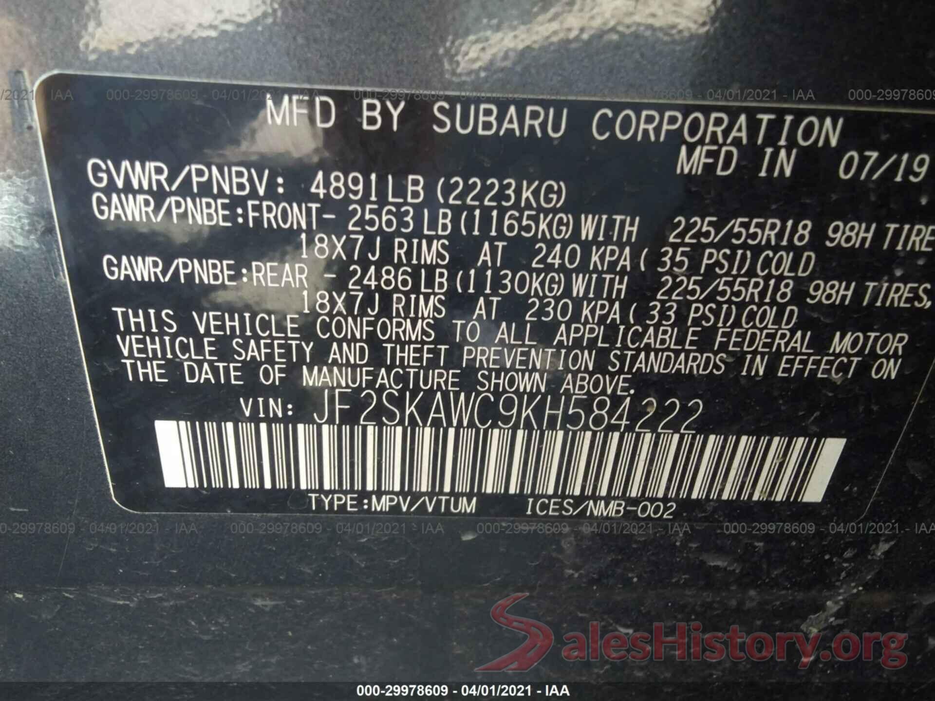 JF2SKAWC9KH584222 2019 SUBARU FORESTER