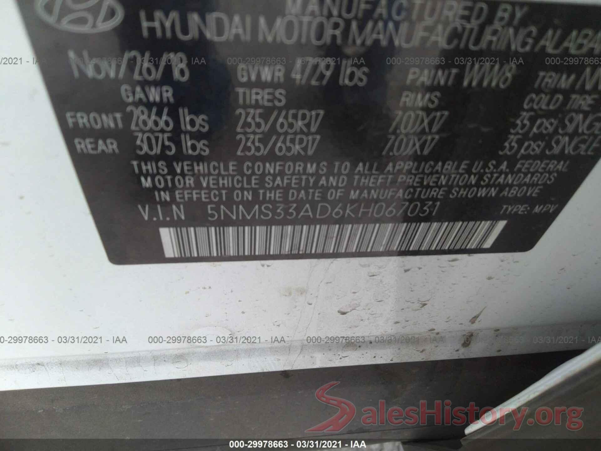 5NMS33AD6KH067031 2019 HYUNDAI SANTA FE