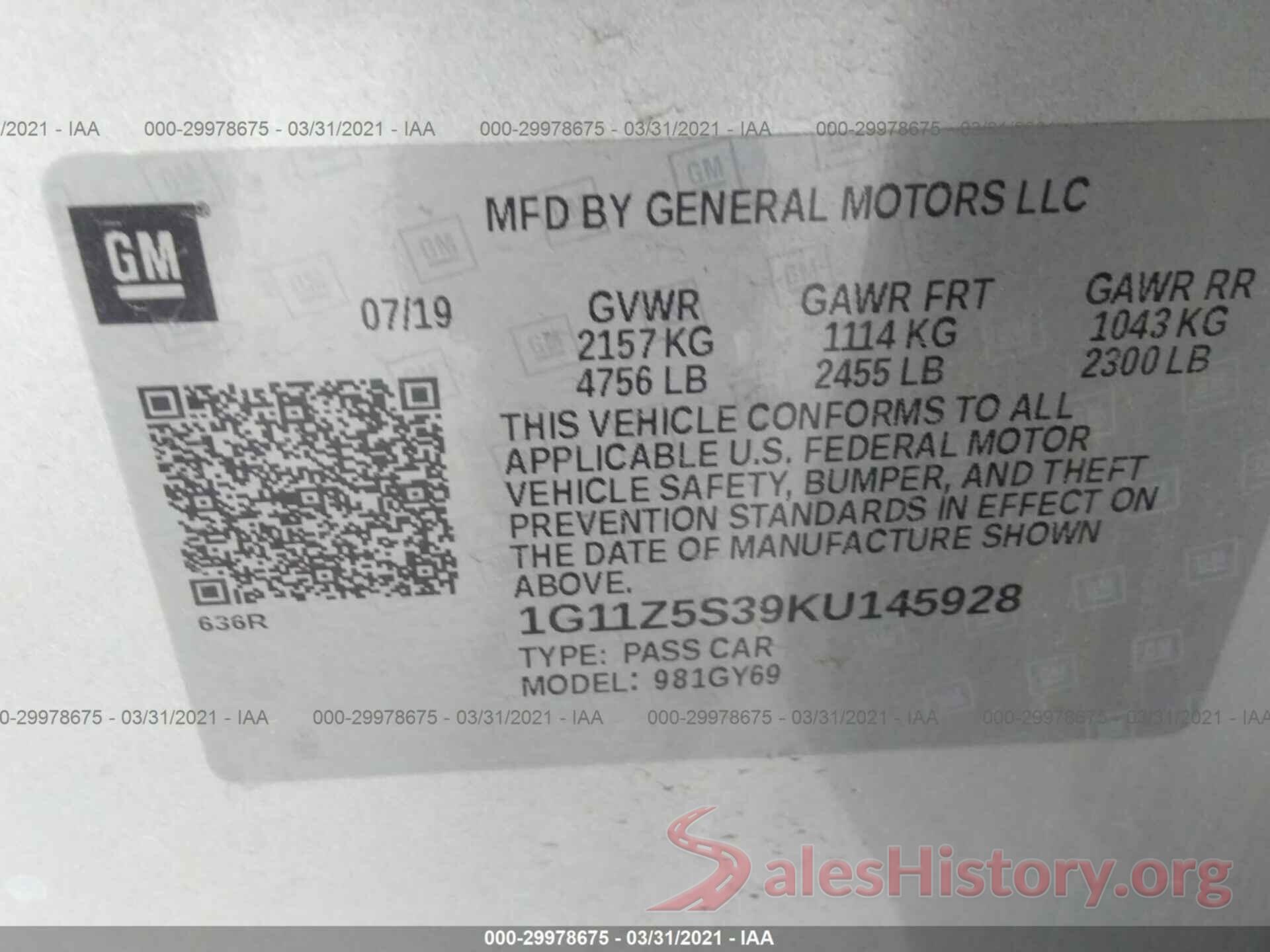 1G11Z5S39KU145928 2019 CHEVROLET IMPALA