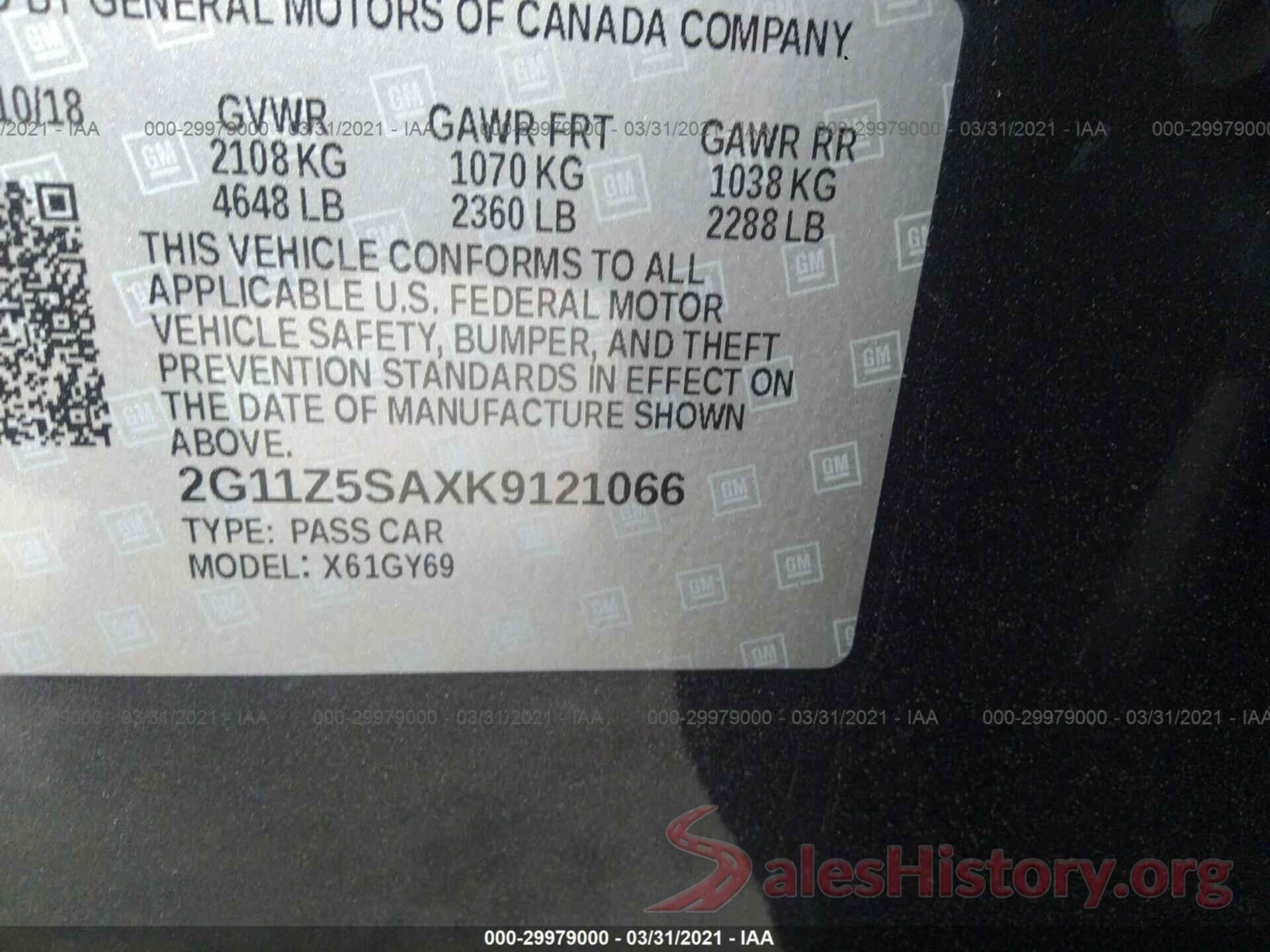 2G11Z5SAXK9121066 2019 CHEVROLET IMPALA