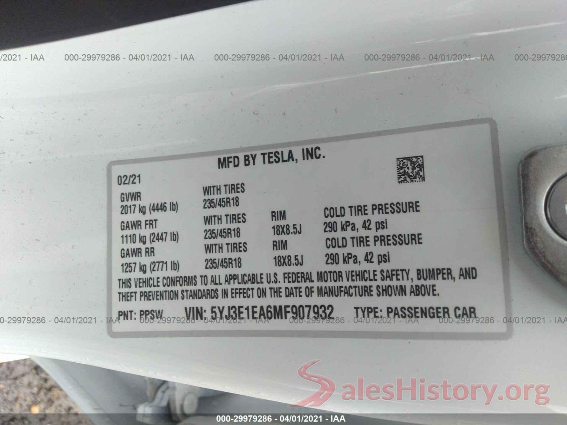 5YJ3E1EA6MF907932 2021 TESLA MODEL 3