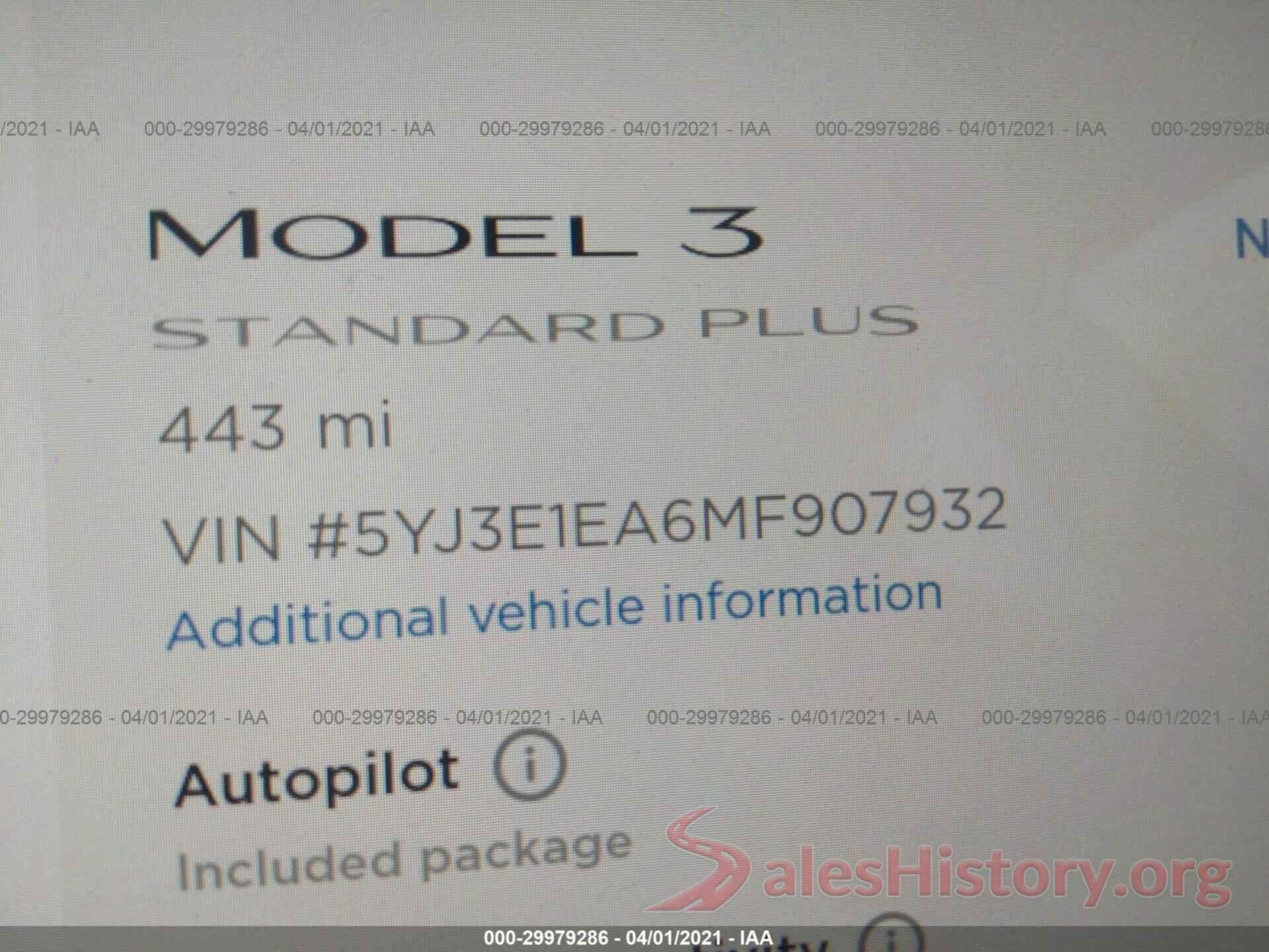 5YJ3E1EA6MF907932 2021 TESLA MODEL 3