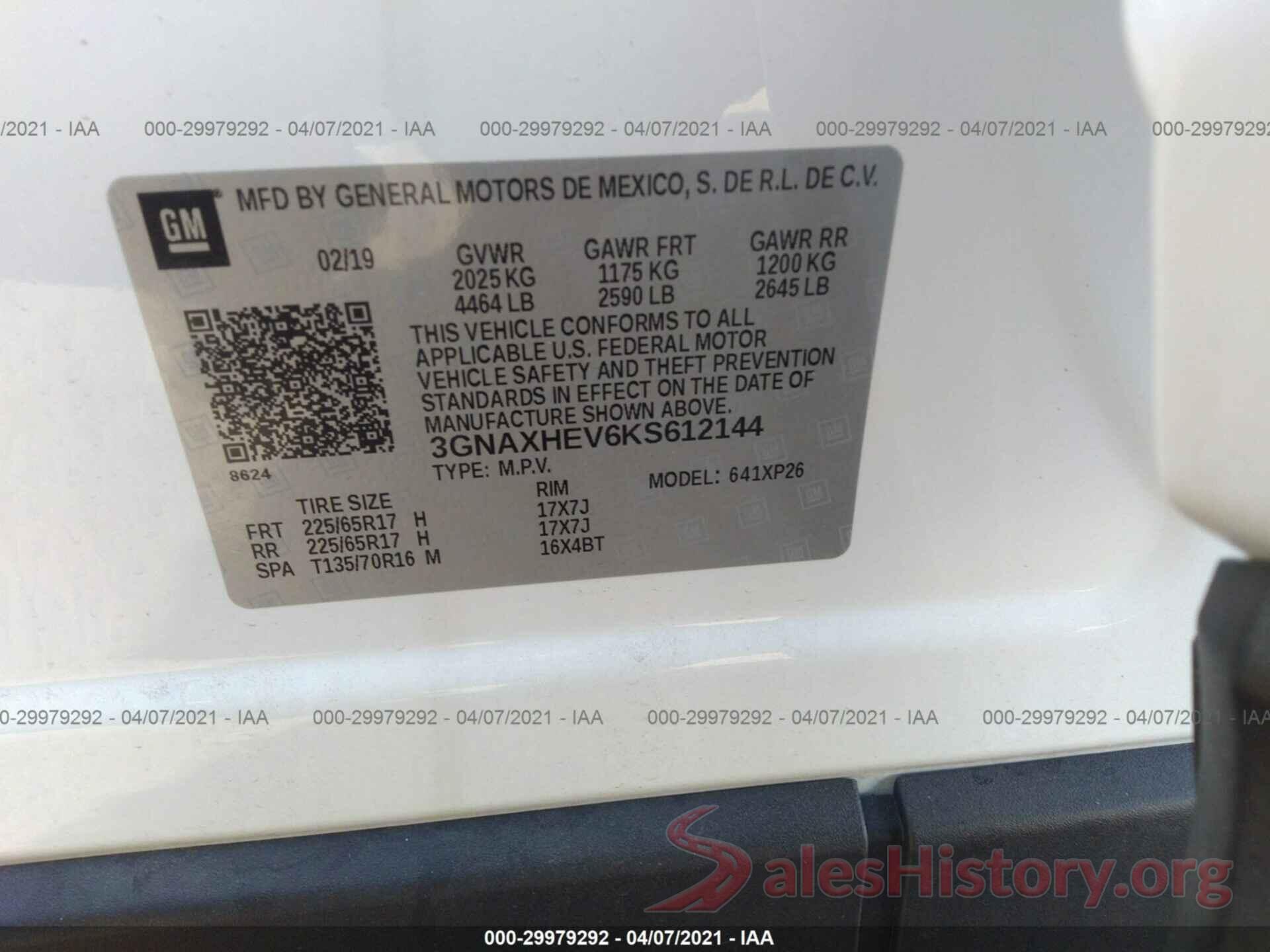 3GNAXHEV6KS612144 2019 CHEVROLET EQUINOX