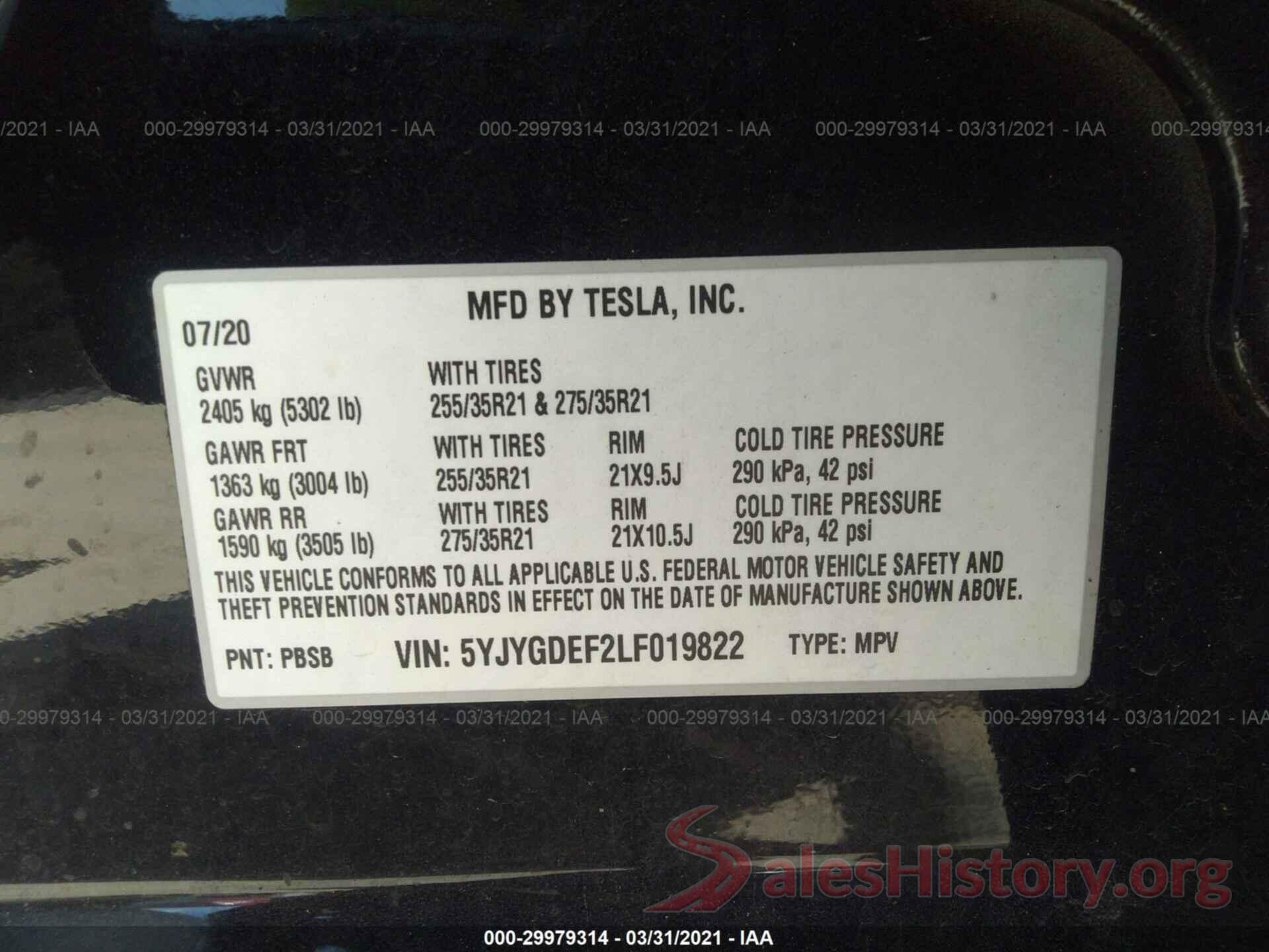 5YJYGDEF2LF019822 2020 TESLA MODEL Y