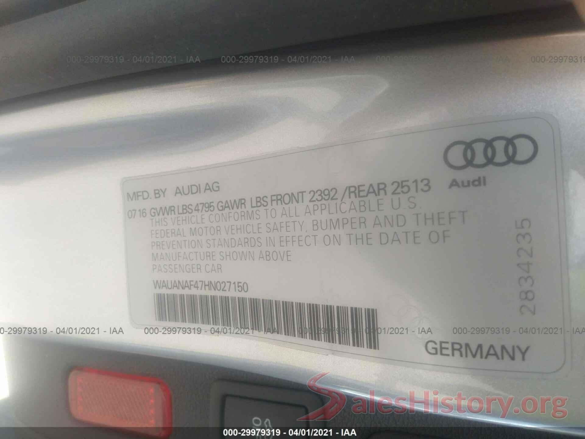 WAUANAF47HN027150 2017 AUDI A4