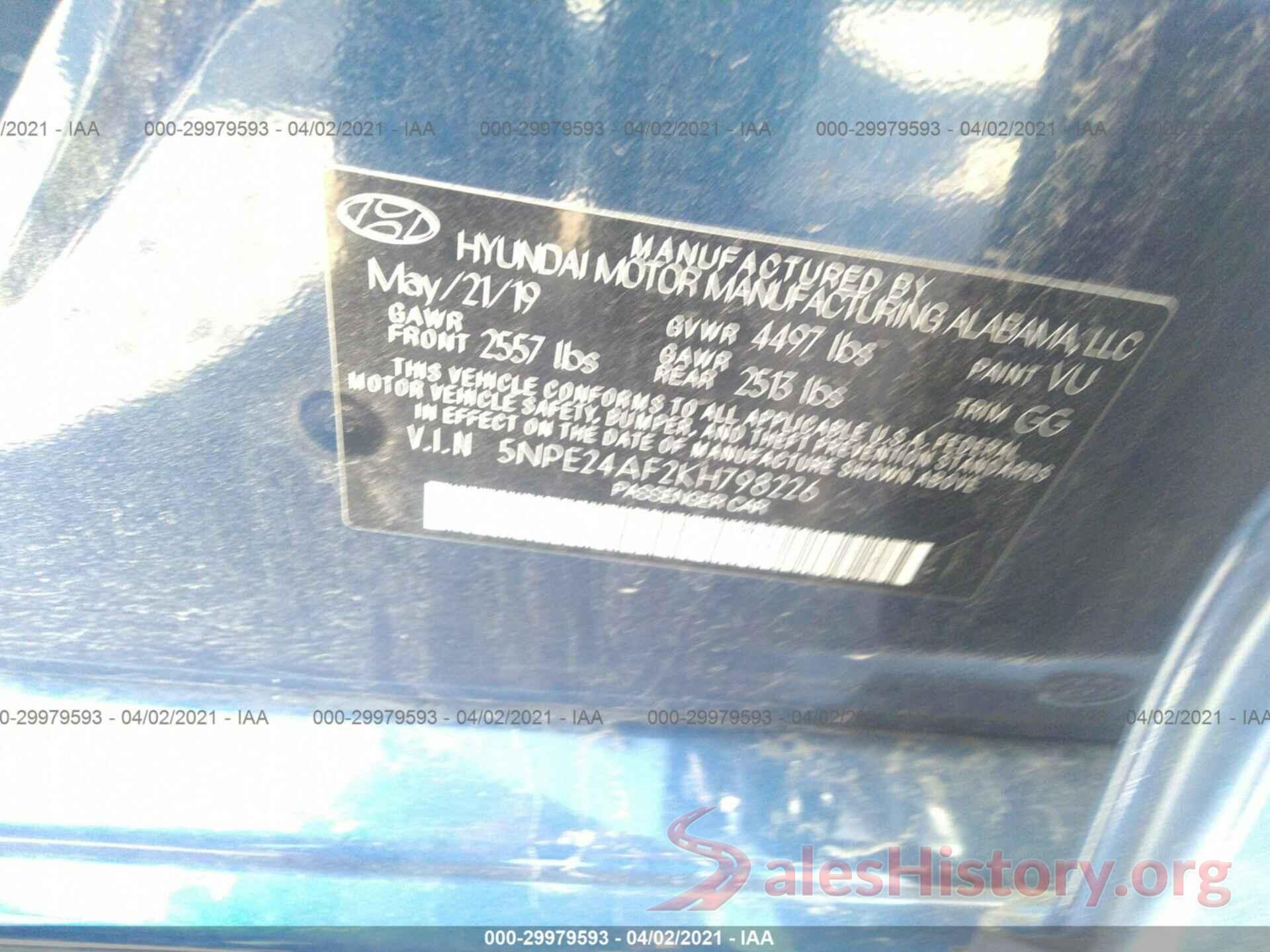 5NPE24AF2KH798226 2019 HYUNDAI SONATA