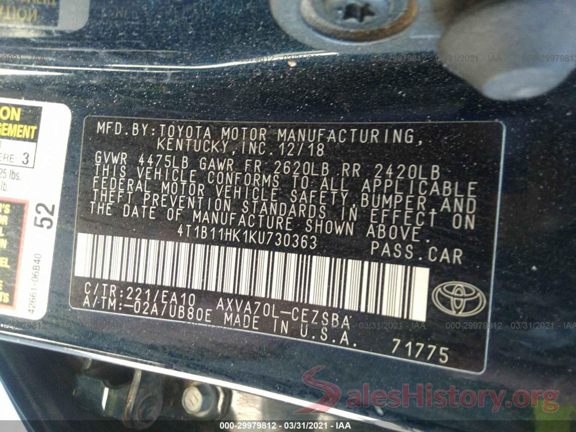 4T1B11HK1KU730363 2019 TOYOTA CAMRY