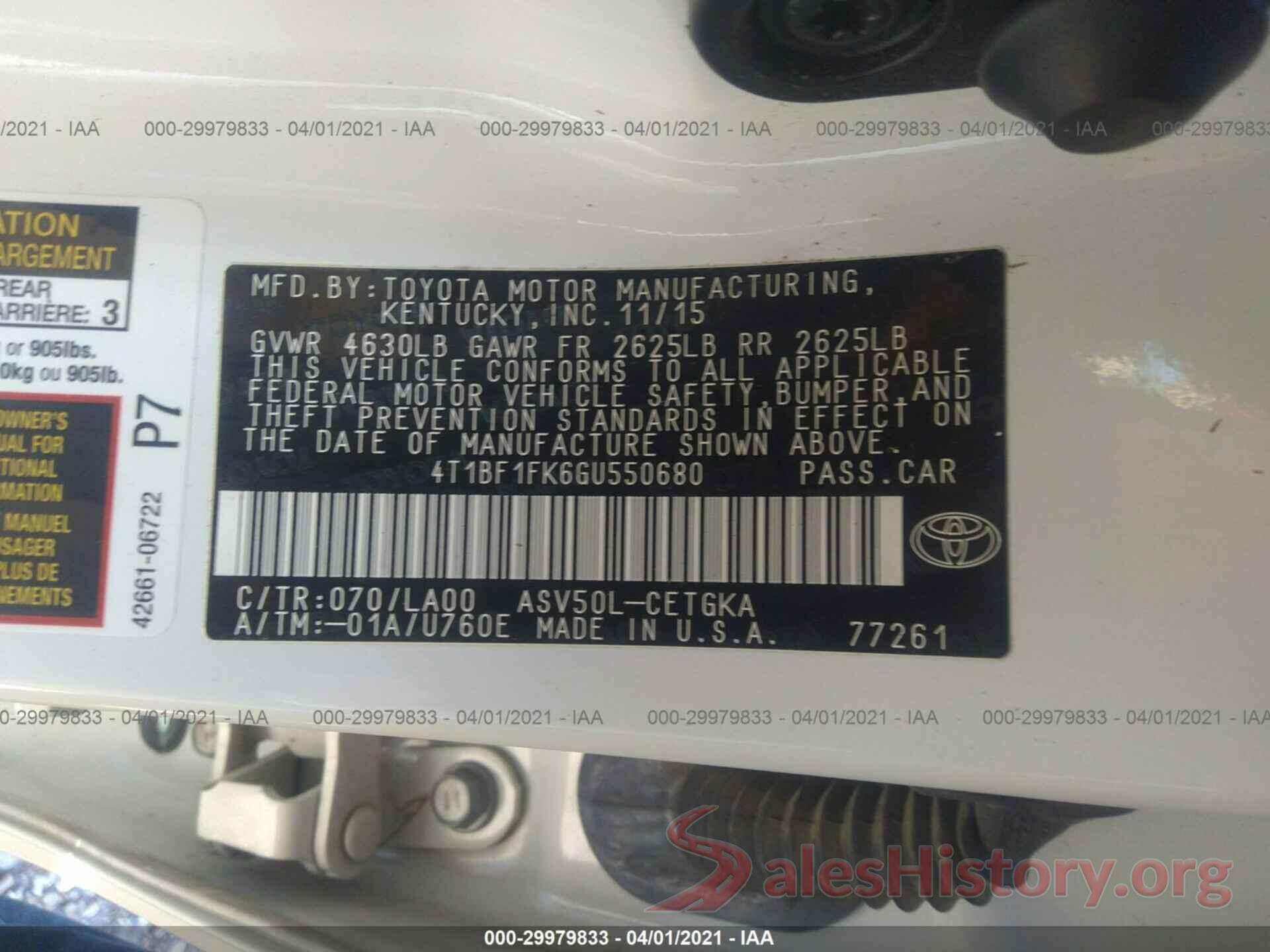 4T1BF1FK6GU550680 2016 TOYOTA CAMRY