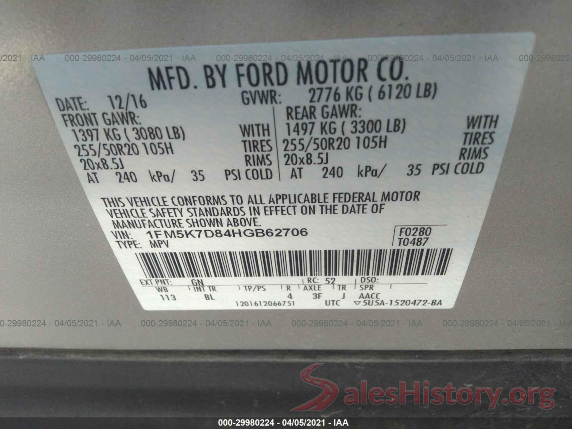 1FM5K7D84HGB62706 2017 FORD EXPLORER