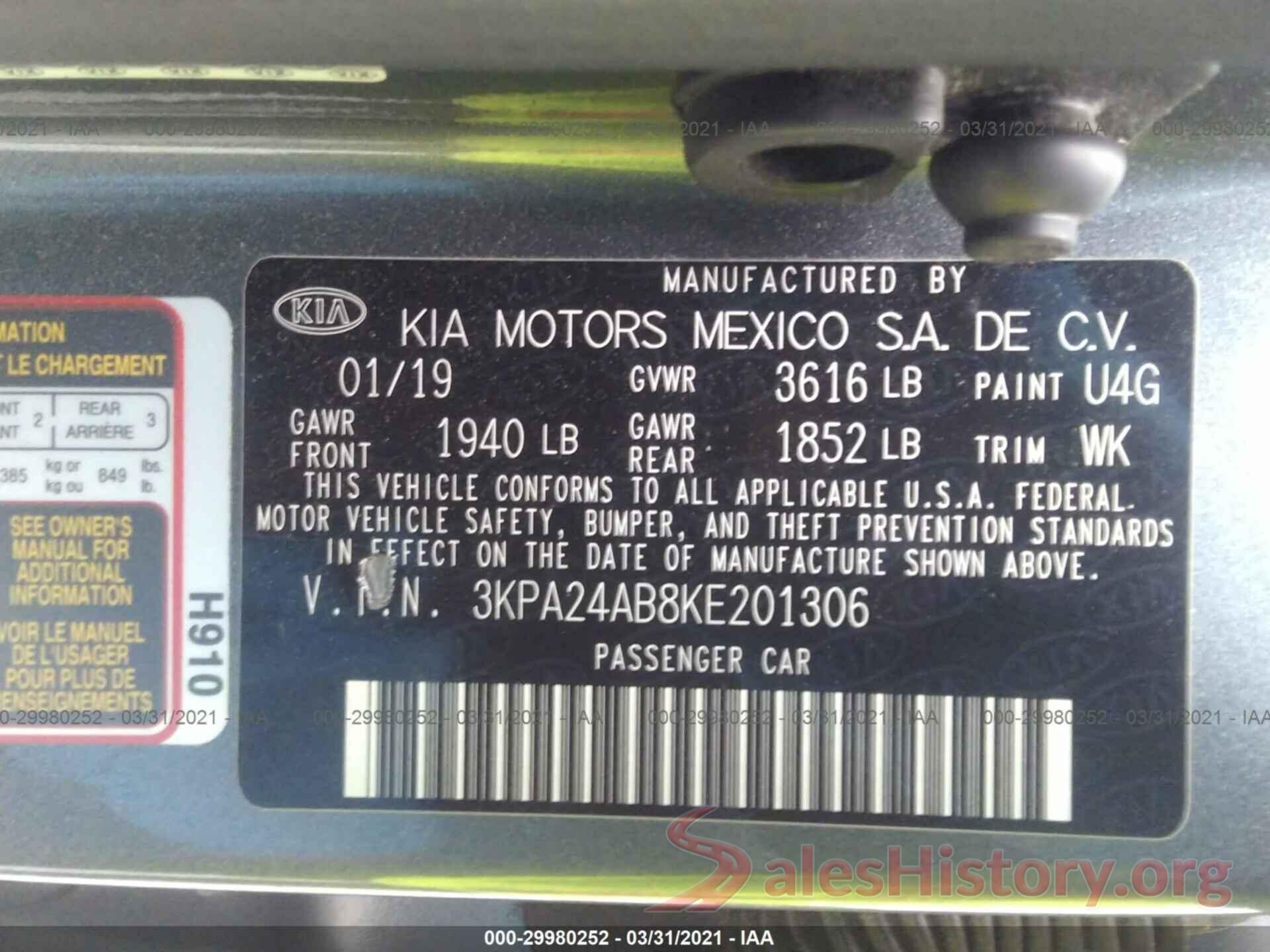 3KPA24AB8KE201306 2019 KIA RIO