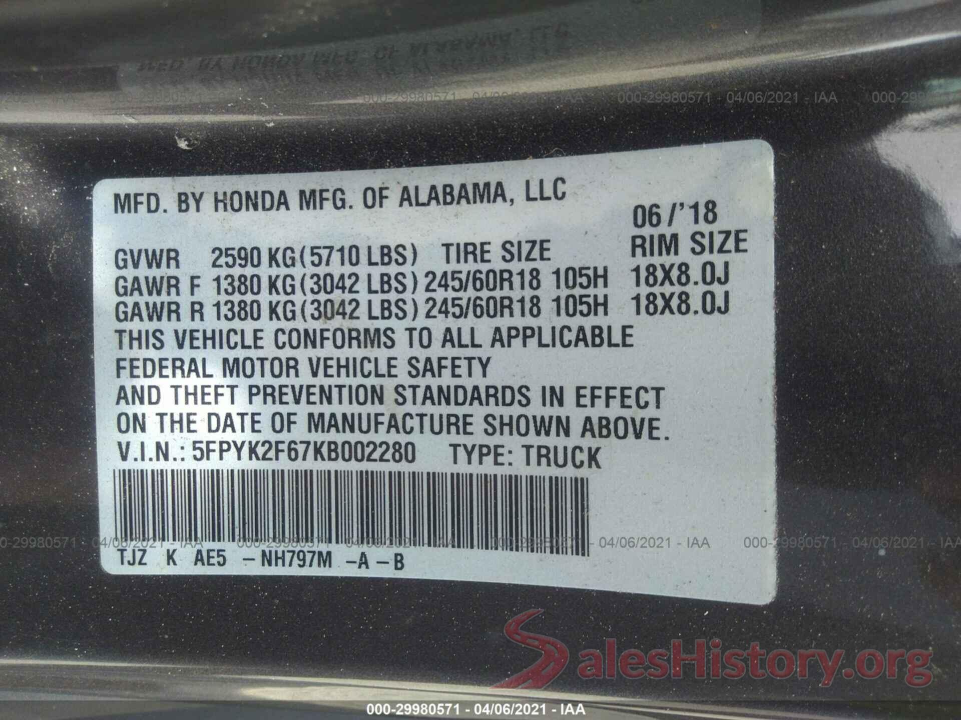 5FPYK2F67KB002280 2019 HONDA RIDGELINE