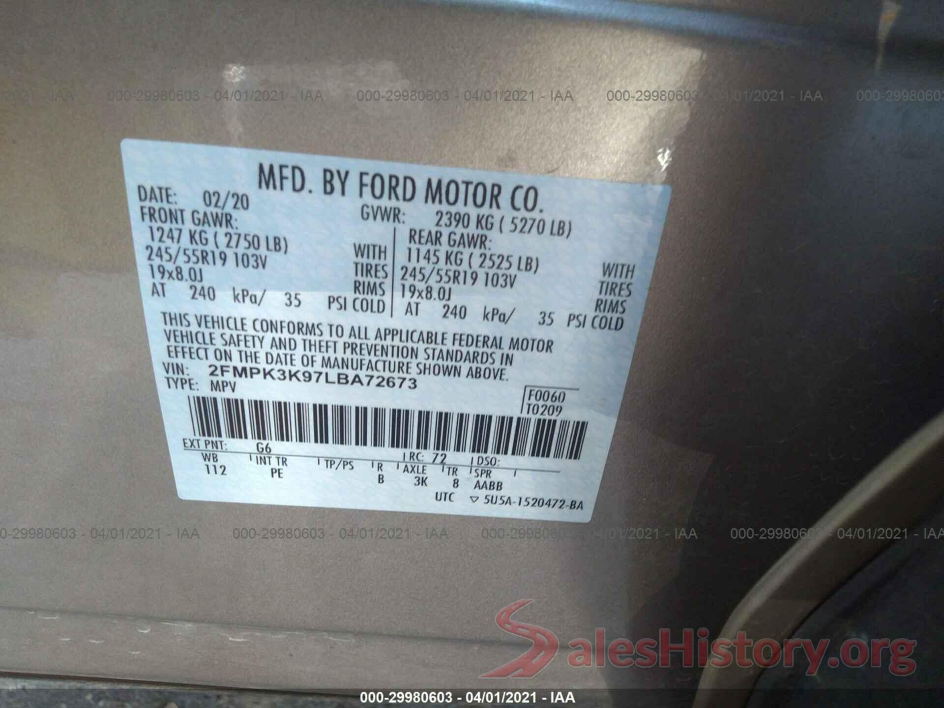 2FMPK3K97LBA72673 2020 FORD EDGE