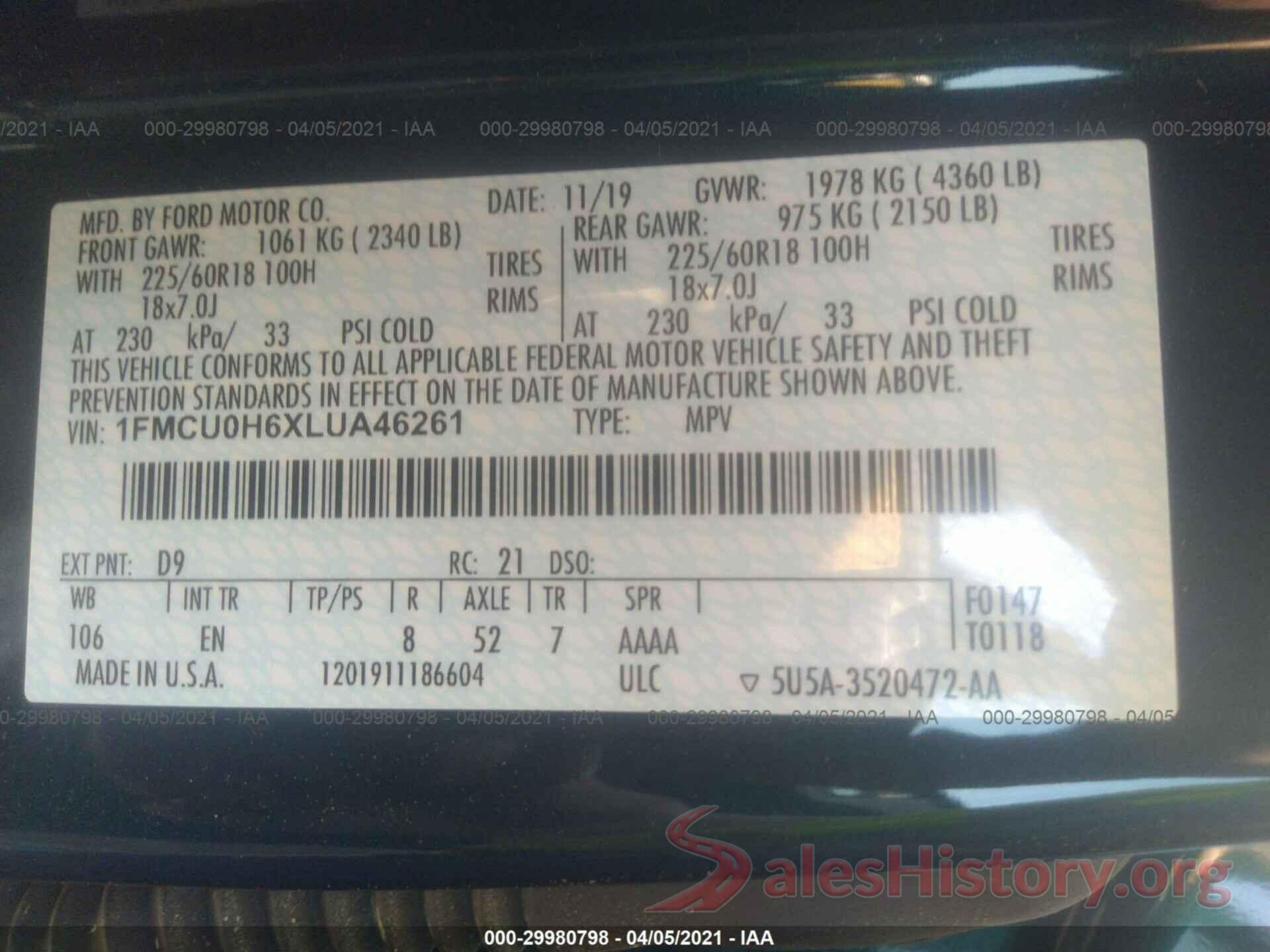 1FMCU0H6XLUA46261 2020 FORD ESCAPE