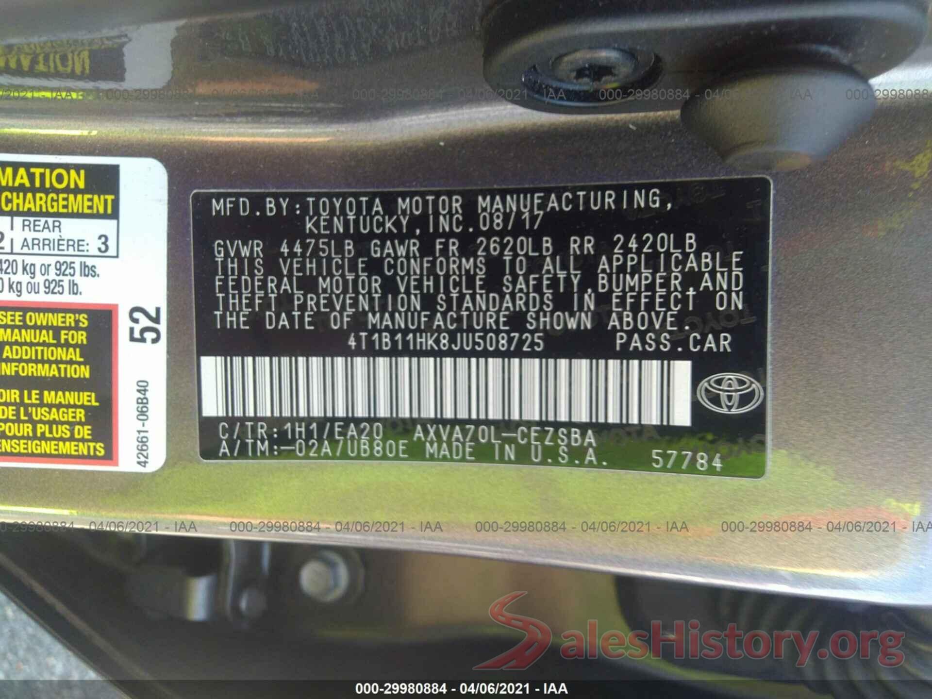 4T1B11HK8JU508725 2018 TOYOTA CAMRY