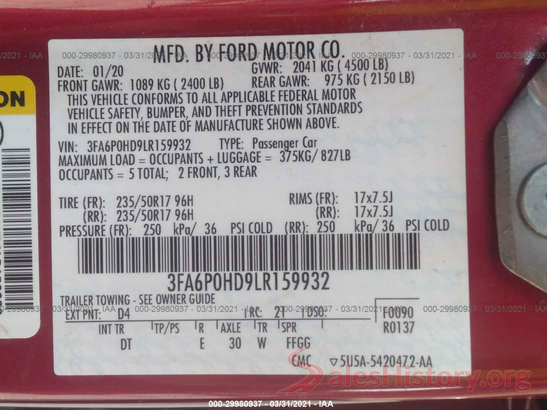 3FA6P0HD9LR159932 2020 FORD FUSION