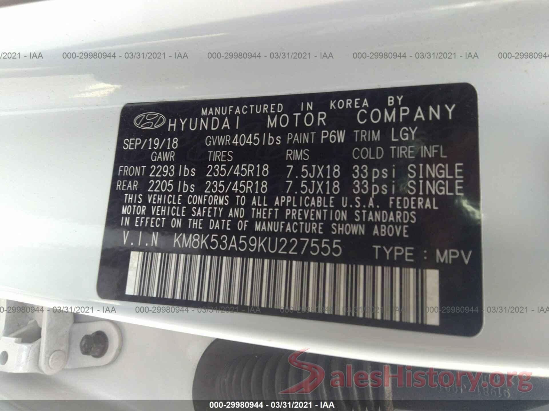 KM8K53A59KU227555 2019 HYUNDAI KONA