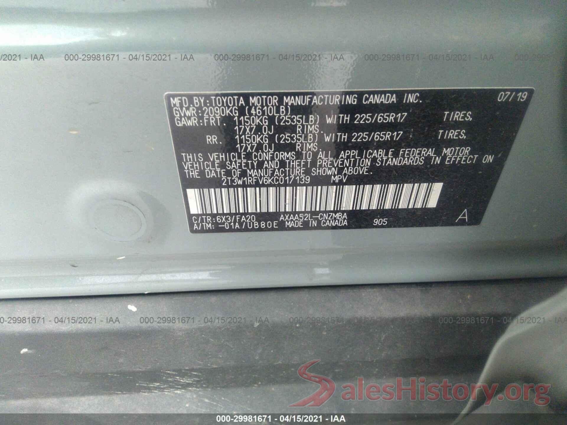 2T3W1RFV6KC017139 2019 TOYOTA RAV4