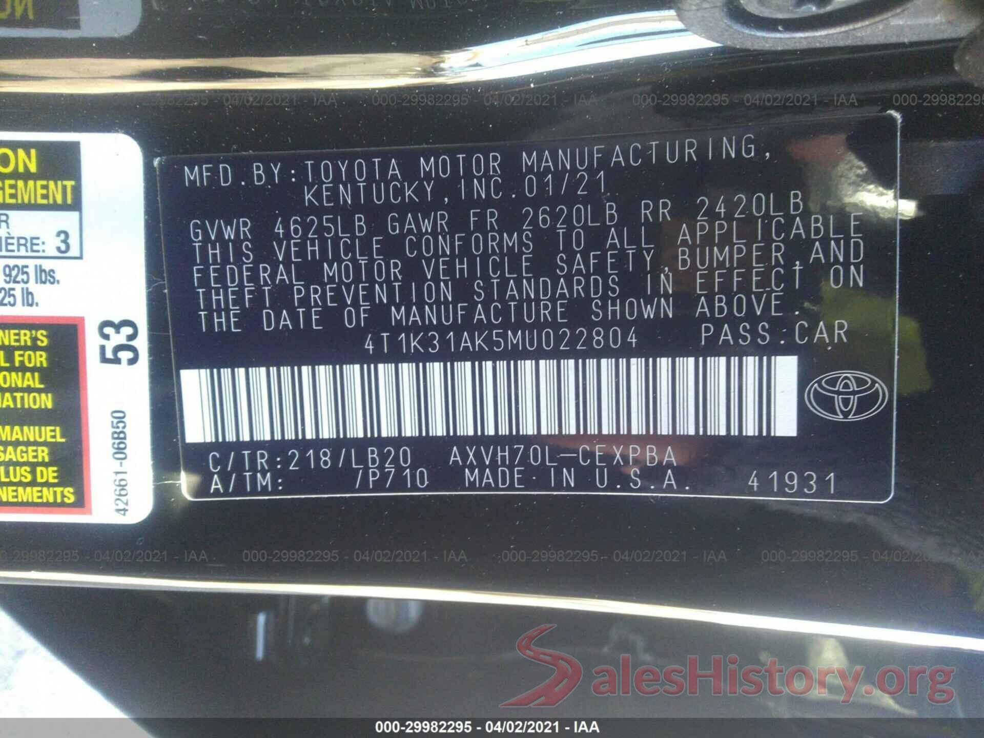 4T1K31AK5MU022804 2021 TOYOTA CAMRY