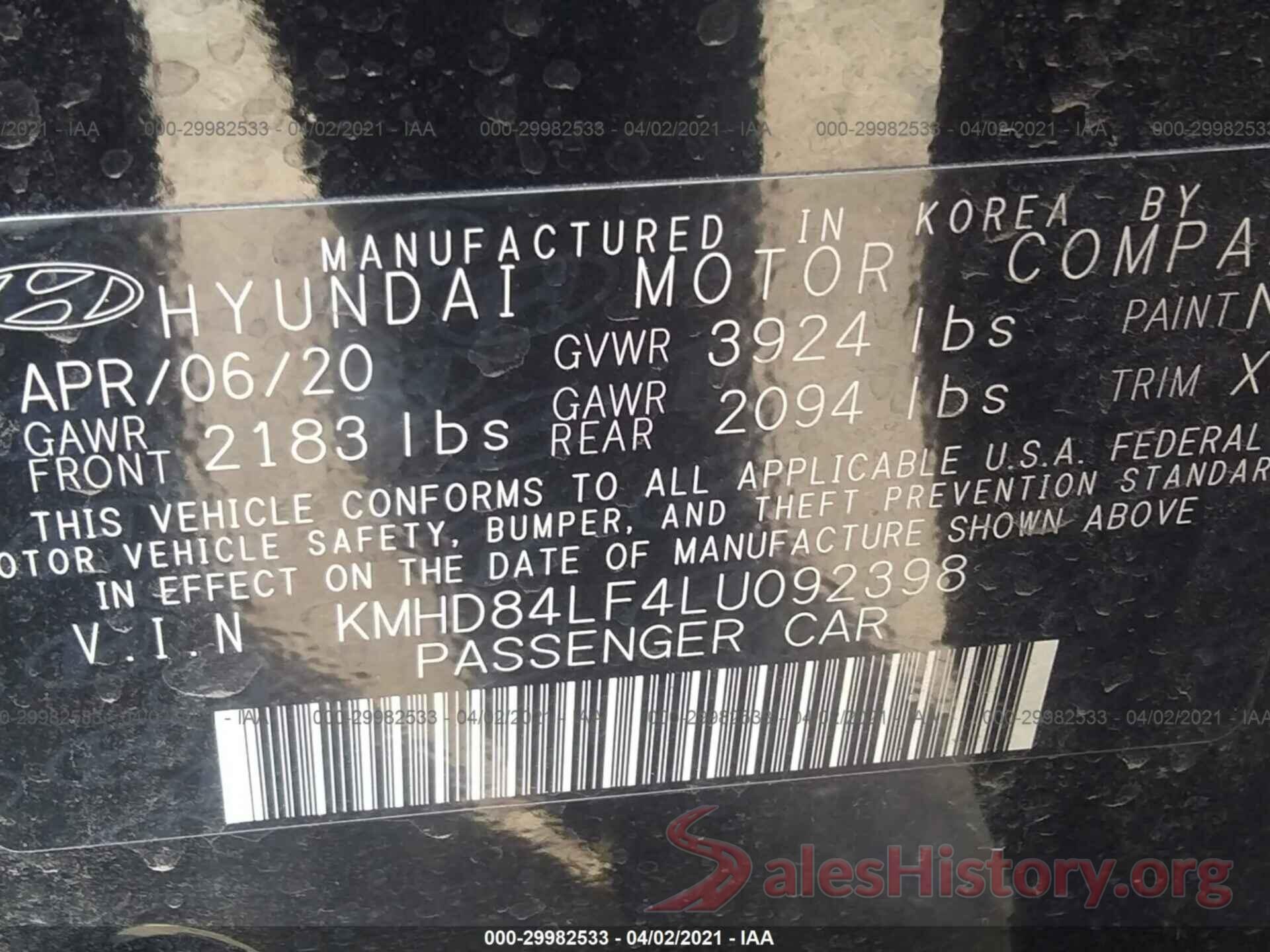 KMHD84LF4LU092398 2020 HYUNDAI ELANTRA