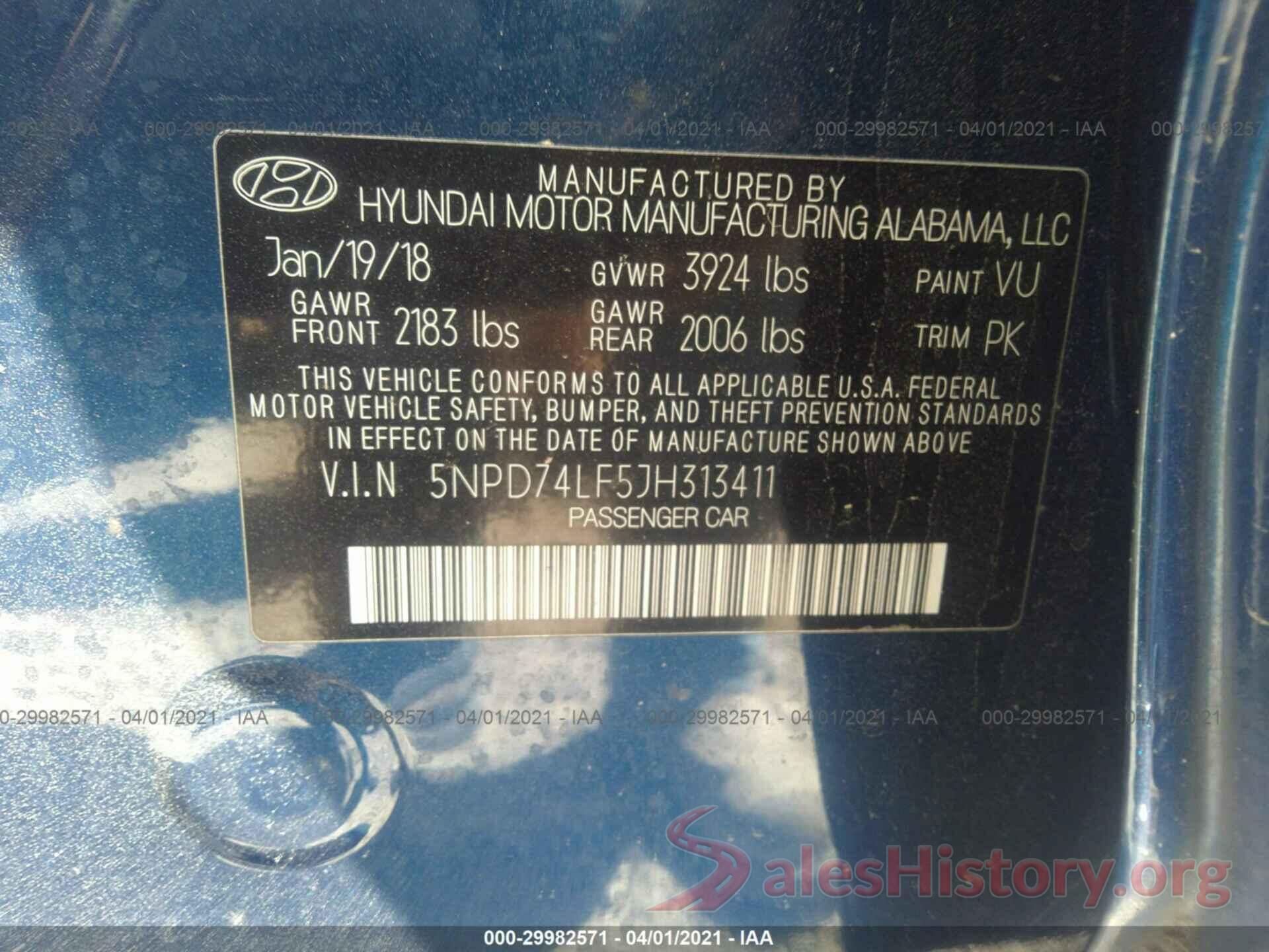 5NPD74LF5JH313411 2018 HYUNDAI ELANTRA