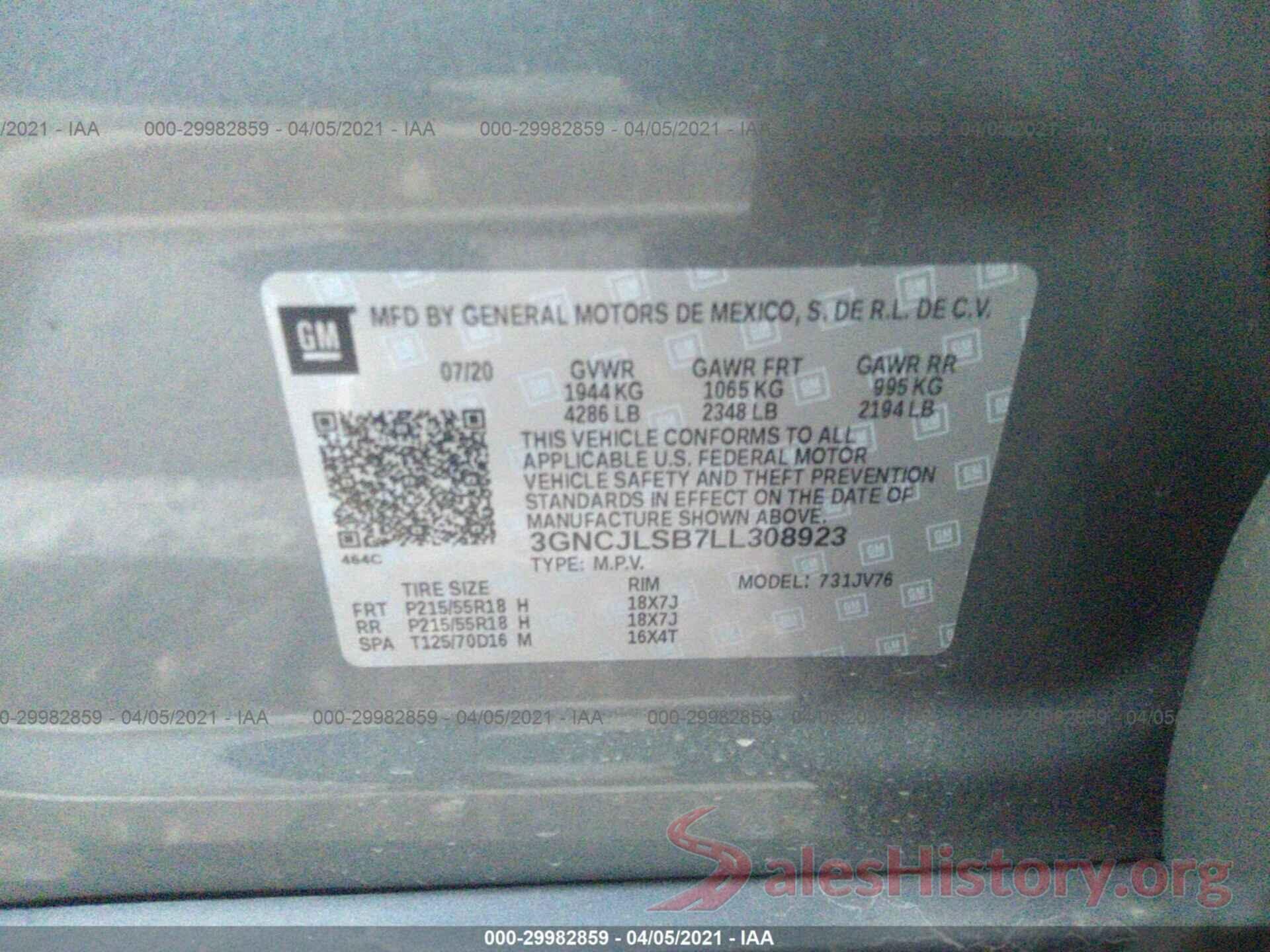 3GNCJLSB7LL308923 2020 CHEVROLET TRAX