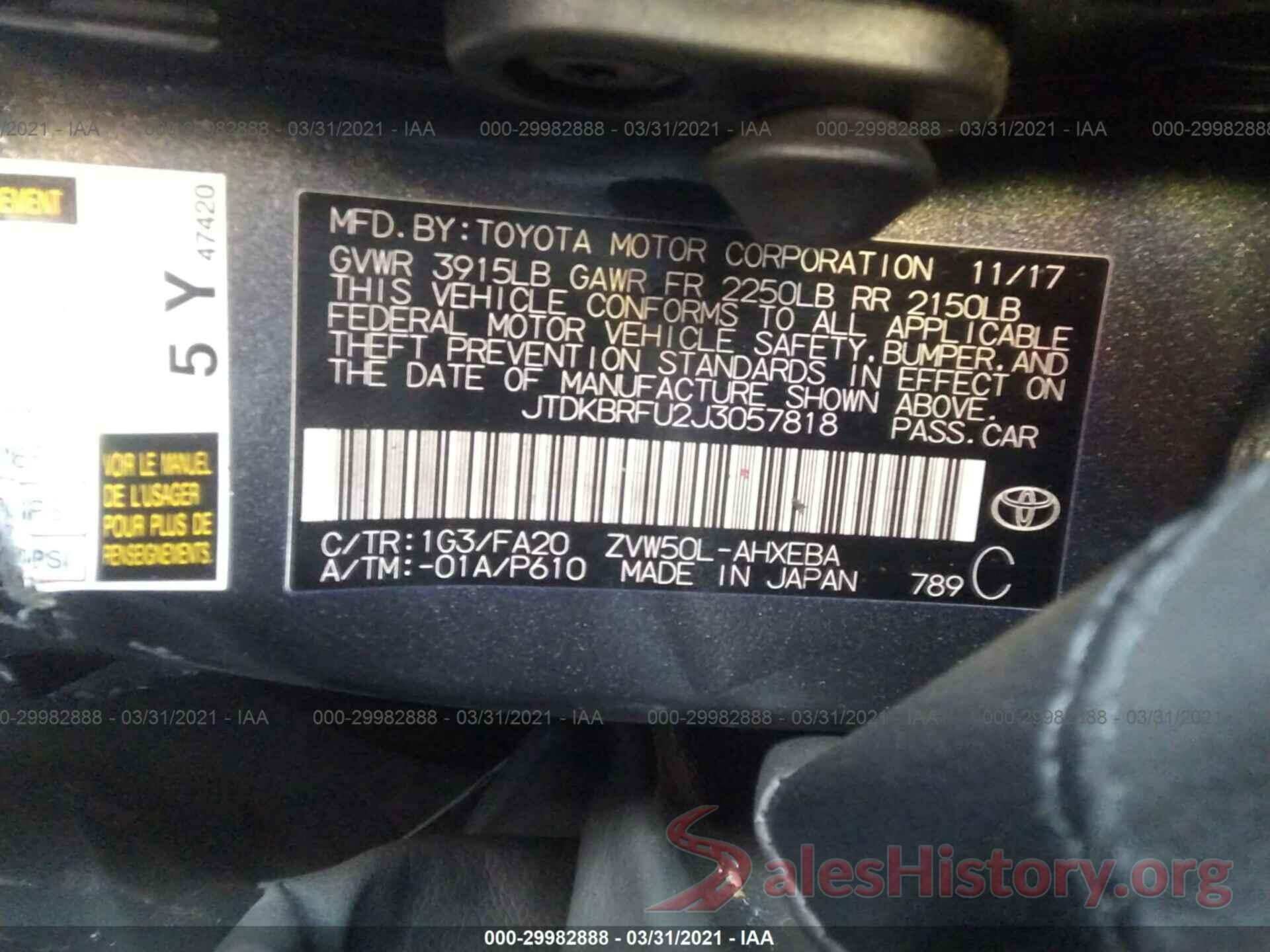 JTDKBRFU2J3057818 2018 TOYOTA PRIUS