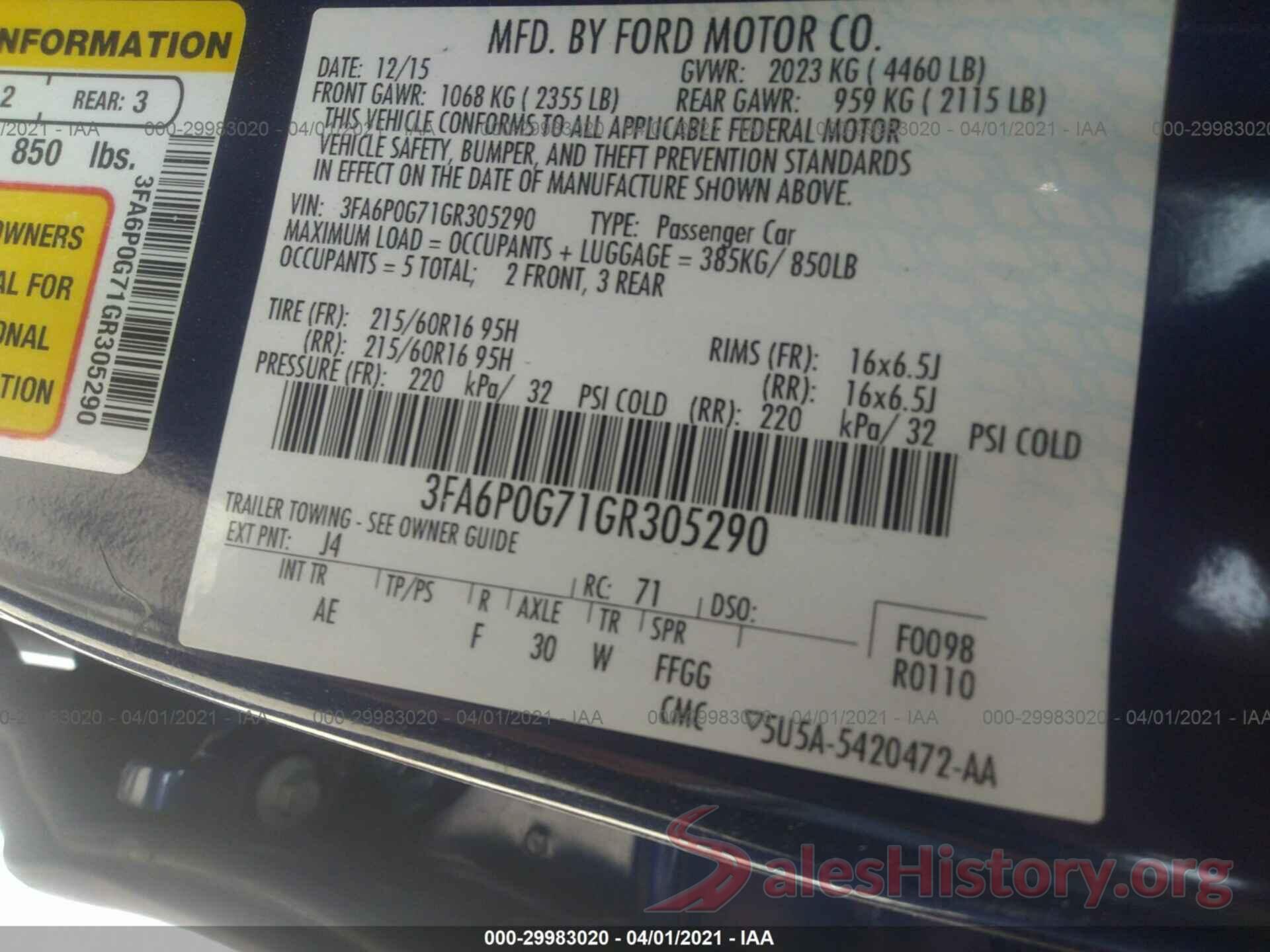 3FA6P0G71GR305290 2016 FORD FUSION