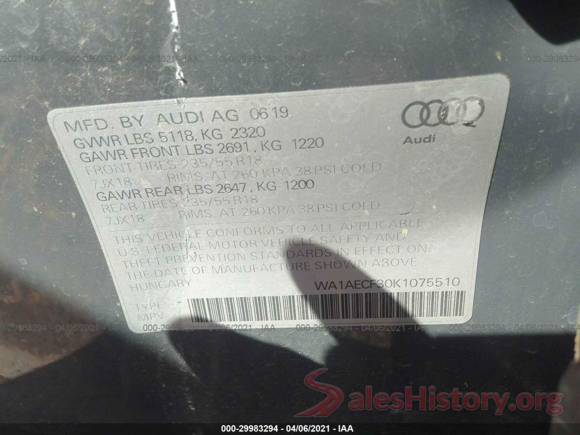 WA1AECF30K1075510 2019 AUDI Q3