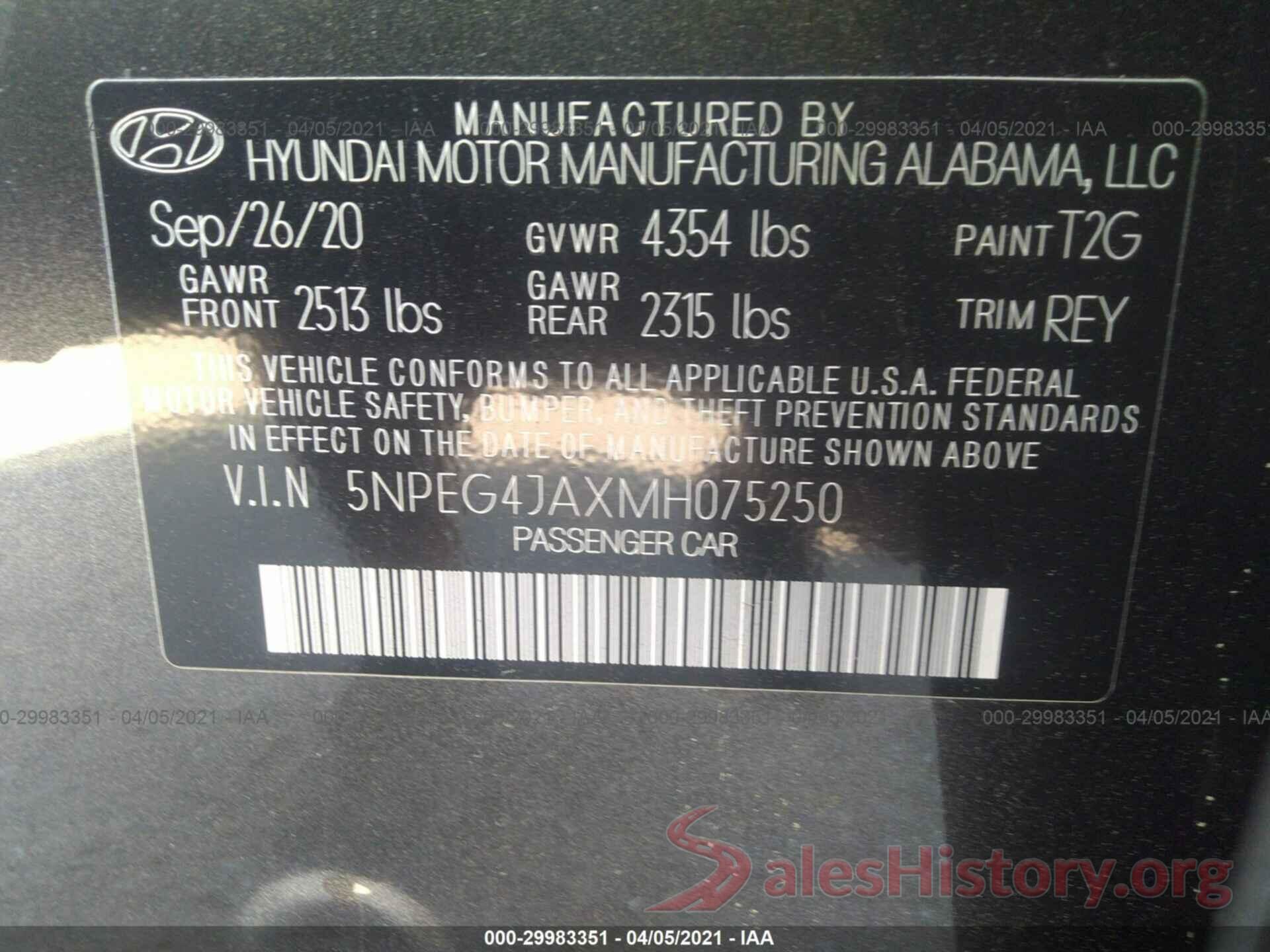 5NPEG4JAXMH075250 2021 HYUNDAI SONATA