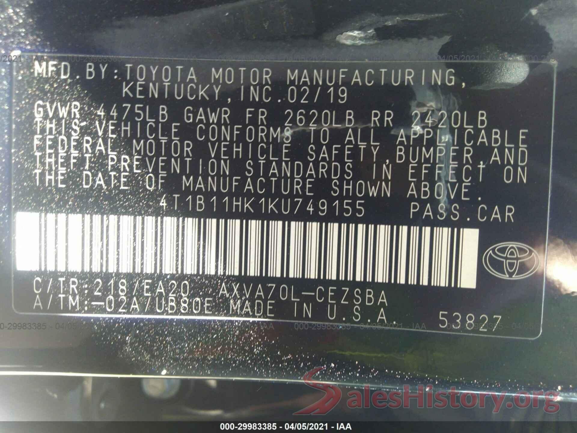 4T1B11HK1KU749155 2019 TOYOTA CAMRY