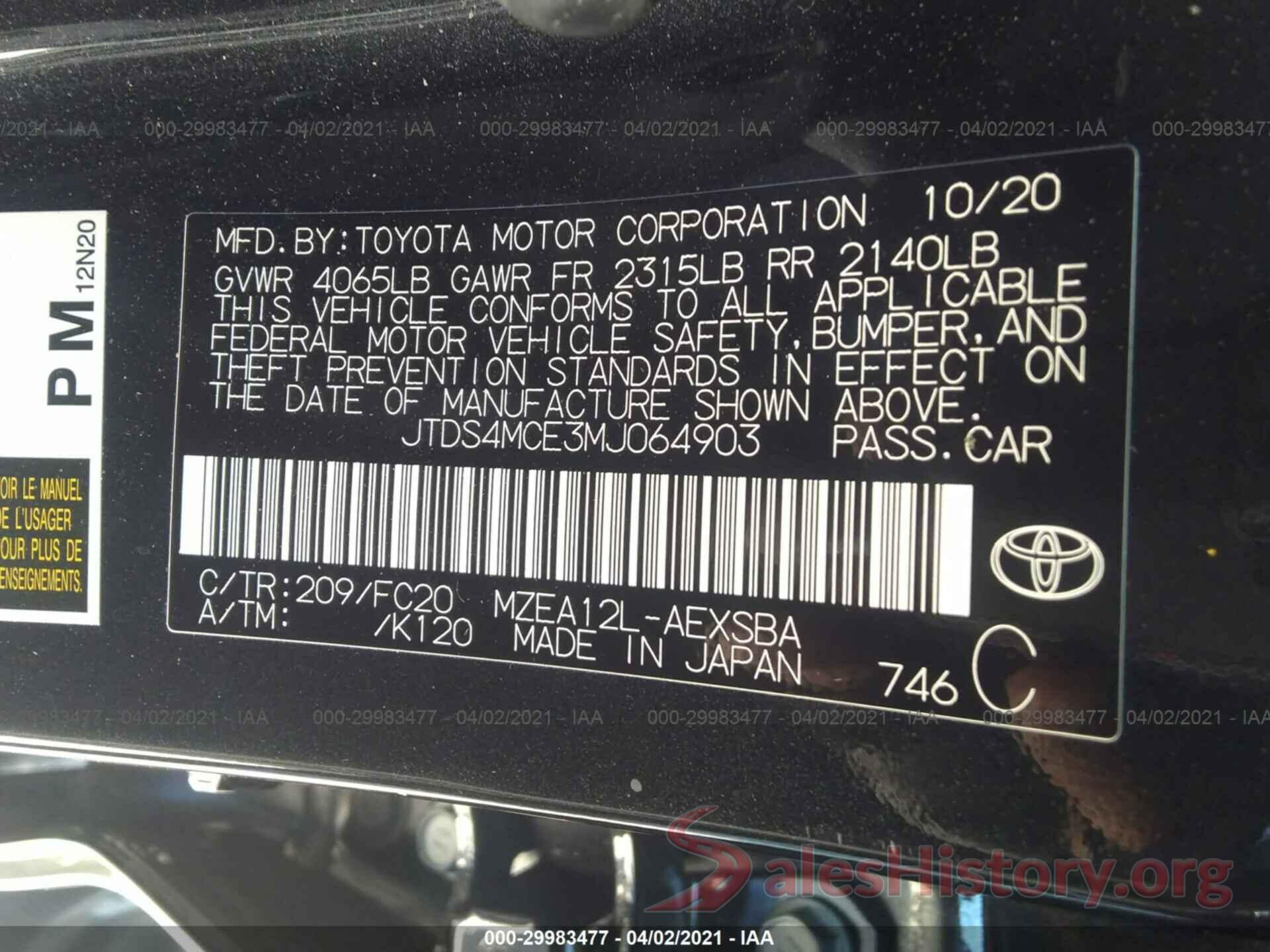 JTDS4MCE3MJ064903 2021 TOYOTA COROLLA