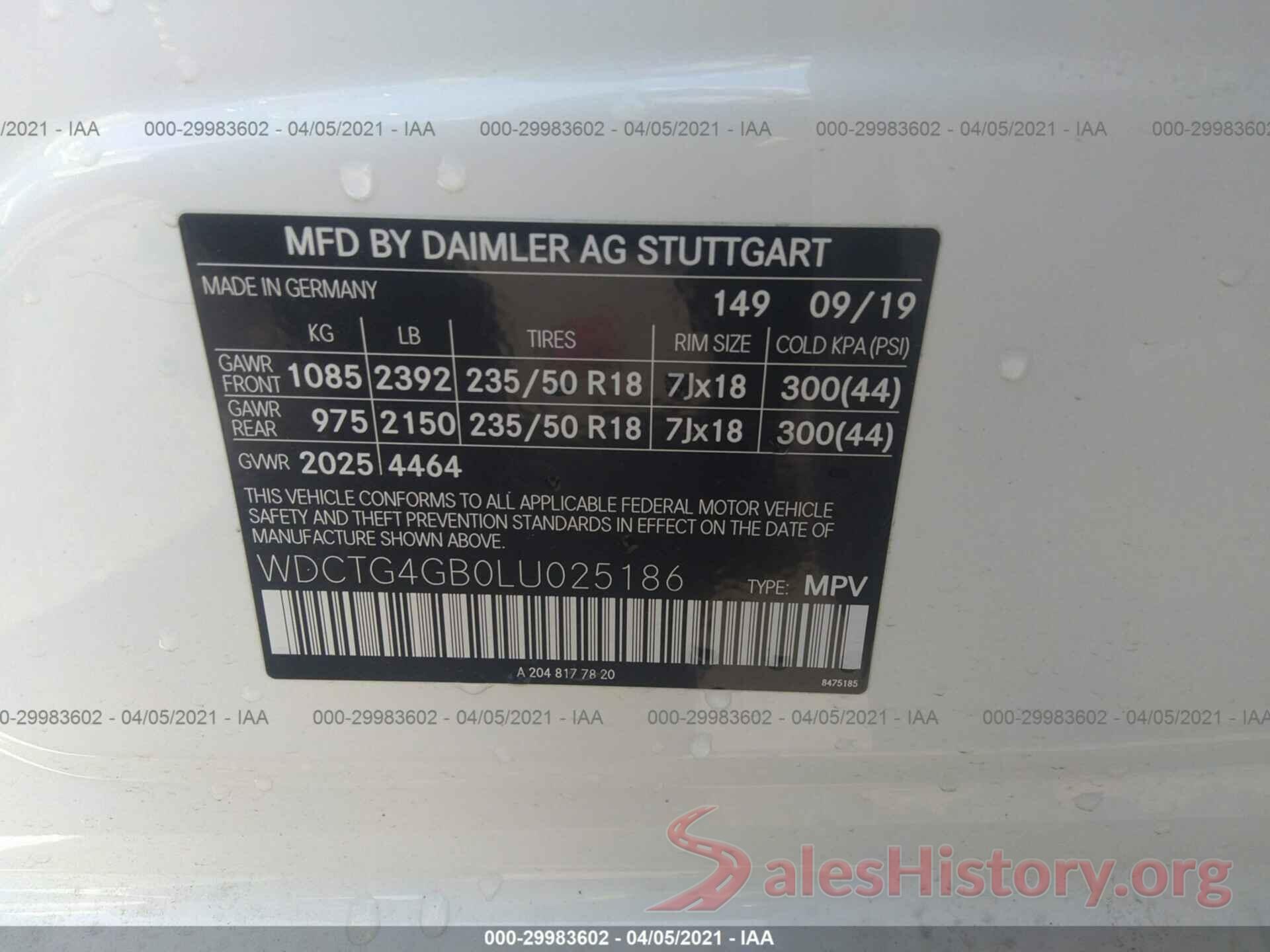 WDCTG4GB0LU025186 2020 MERCEDES-BENZ GLA