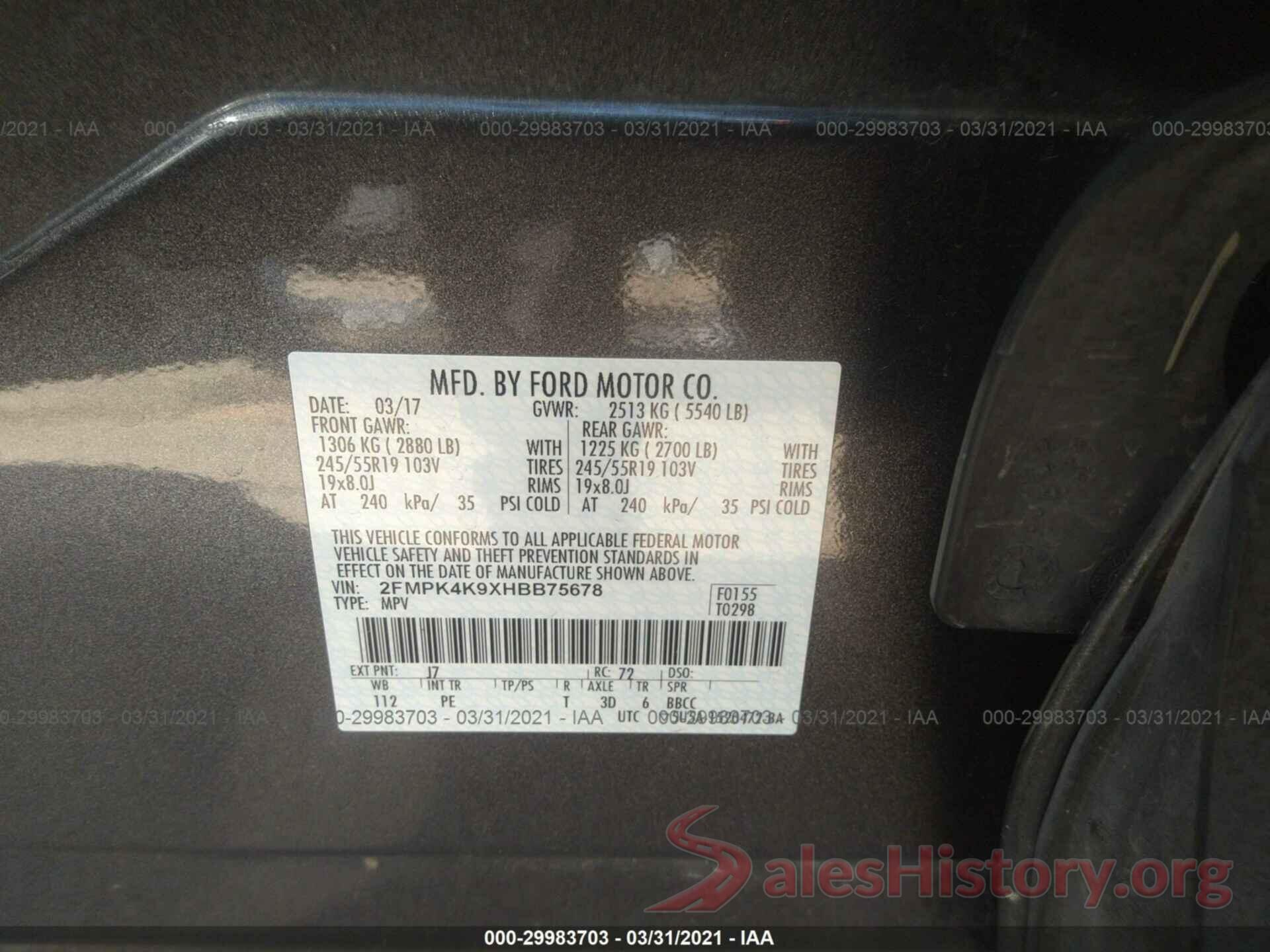 2FMPK4K9XHBB75678 2017 FORD EDGE