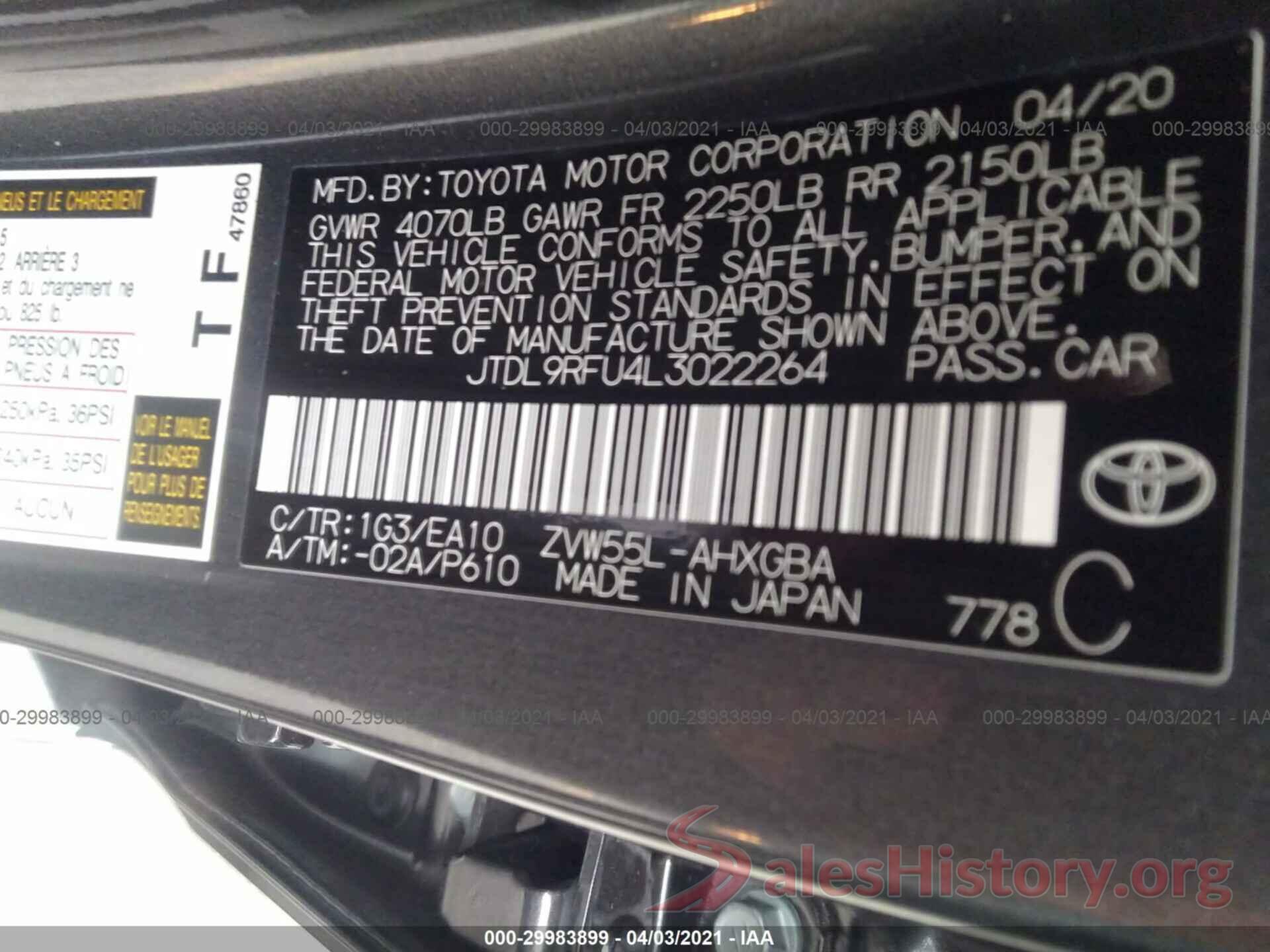 JTDL9RFU4L3022264 2020 TOYOTA PRIUS