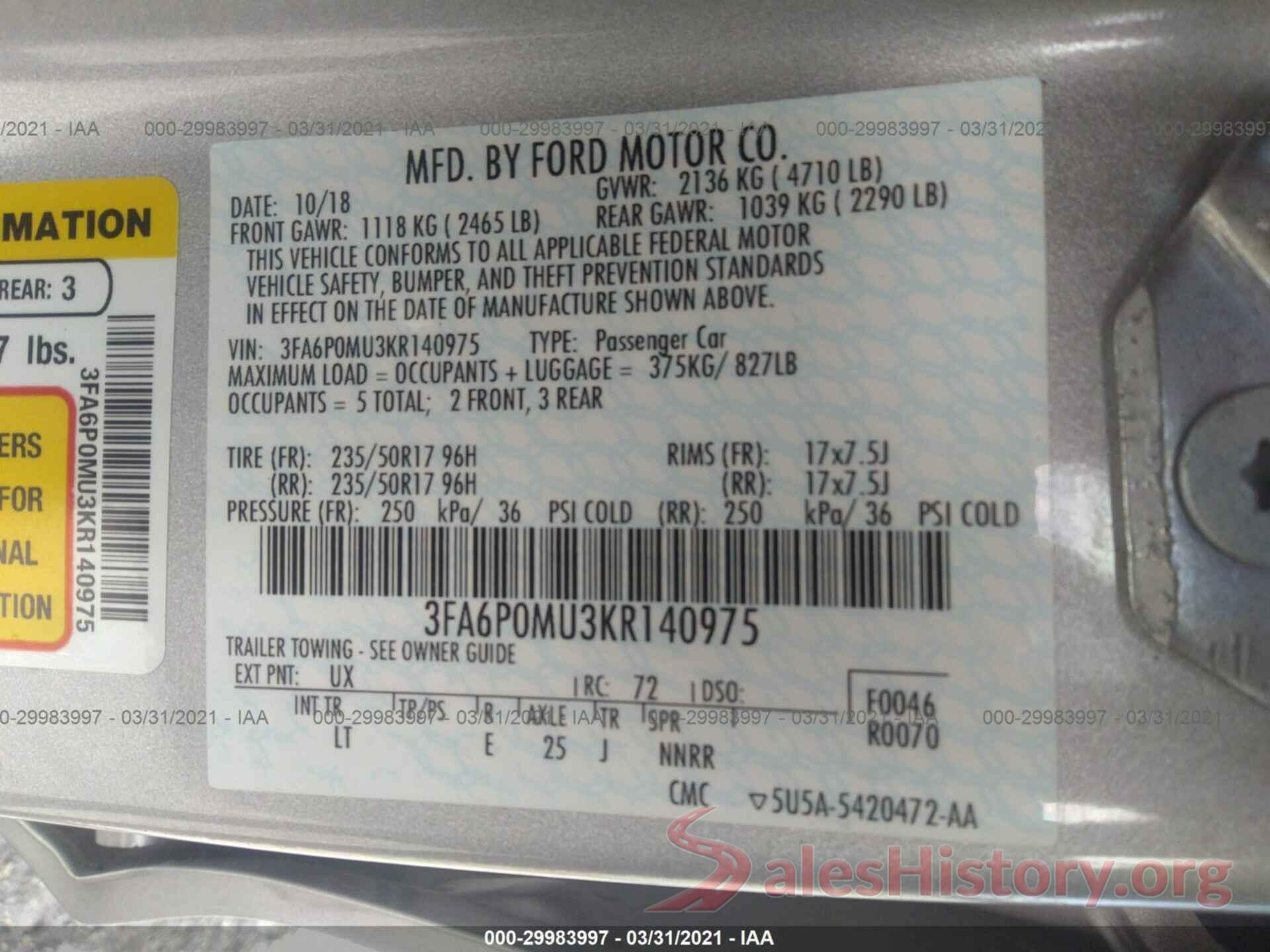 3FA6P0MU3KR140975 2019 FORD FUSION HYBRID