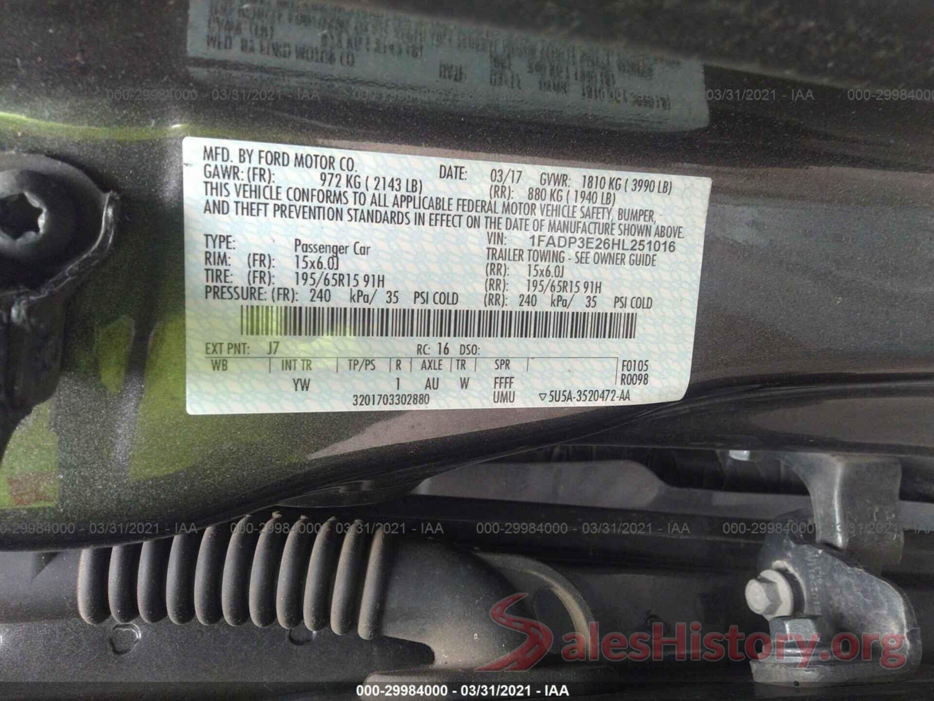 1FADP3E26HL251016 2017 FORD FOCUS